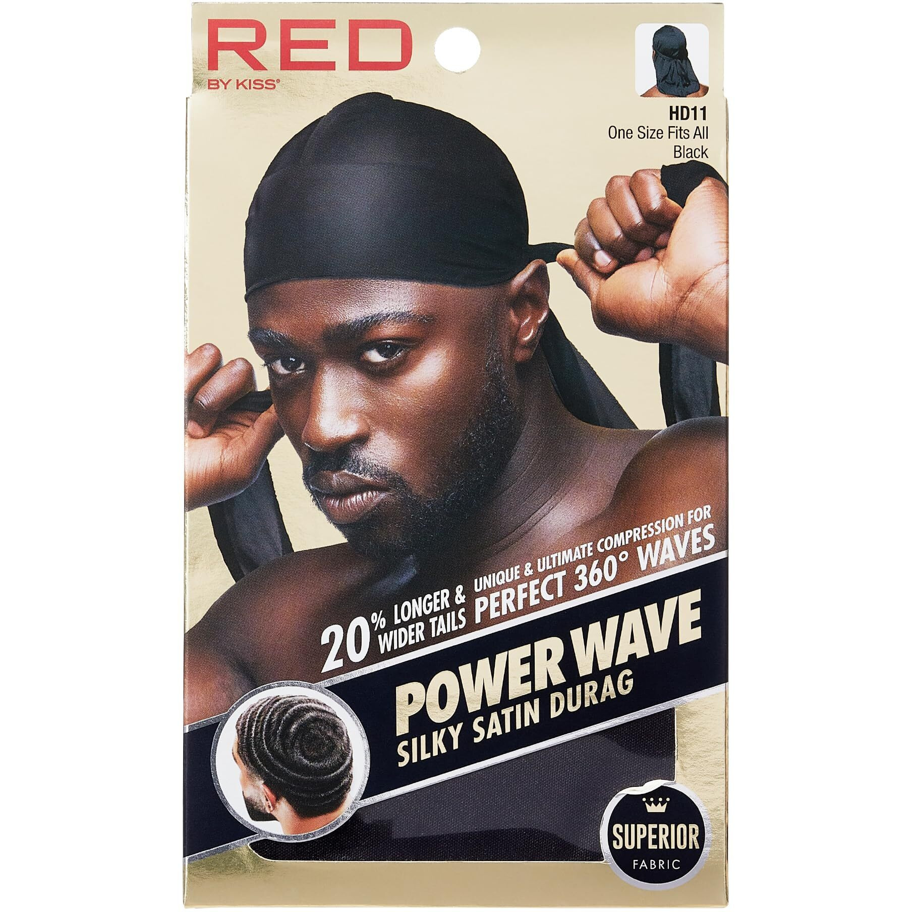 KISS Red Power Wave Silky Satin Durag Extra Long Tails (Black)