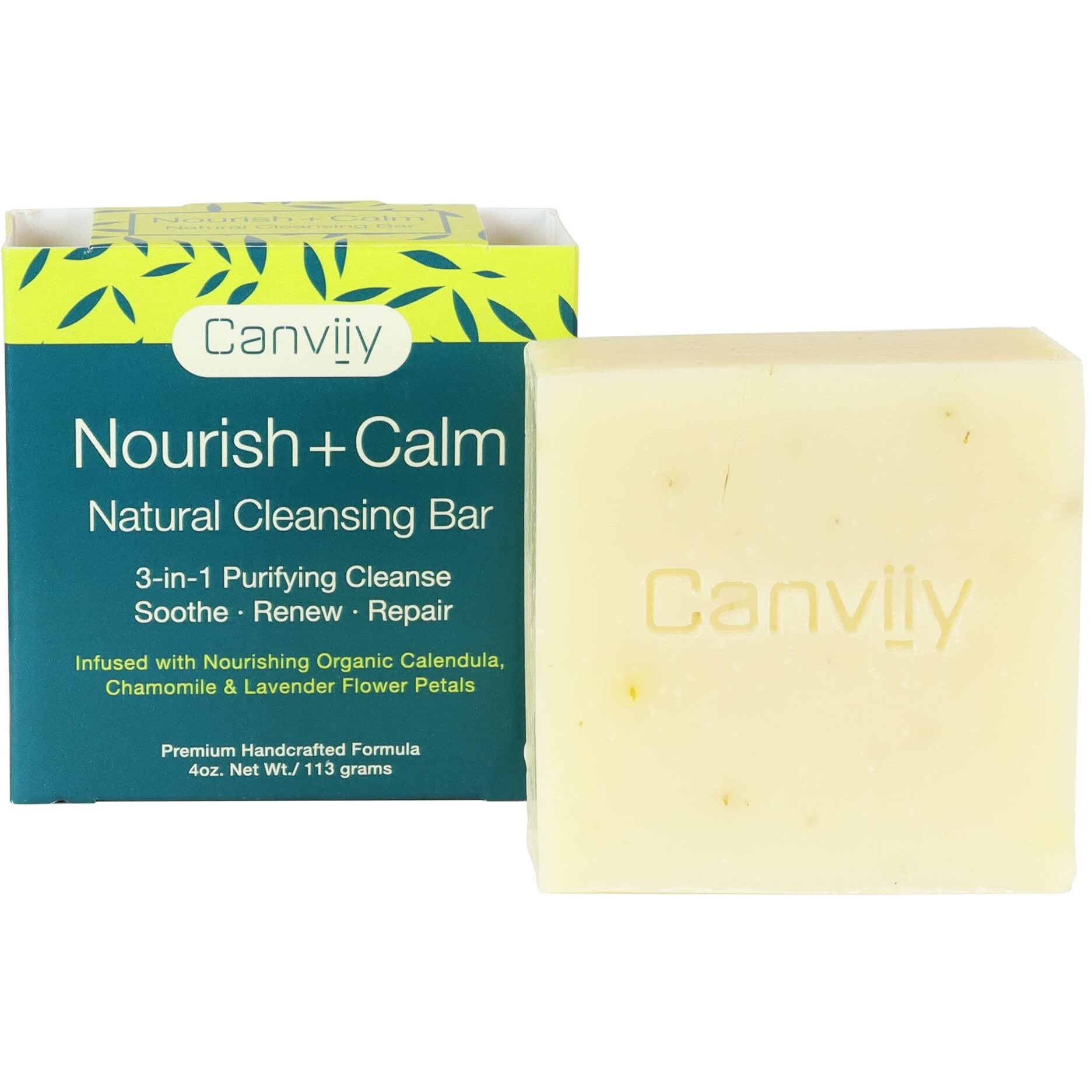 Canviiy 3-in-1 Purifying Nourish + Calm Natural Cleansing Bar, Infused with Calendula, Chamomile, Peppermint Oil, Witch Hazel and Lavender Petals to Soothe, Renew, and Repair Dry Skin - 4 Oz (Pack of 1)