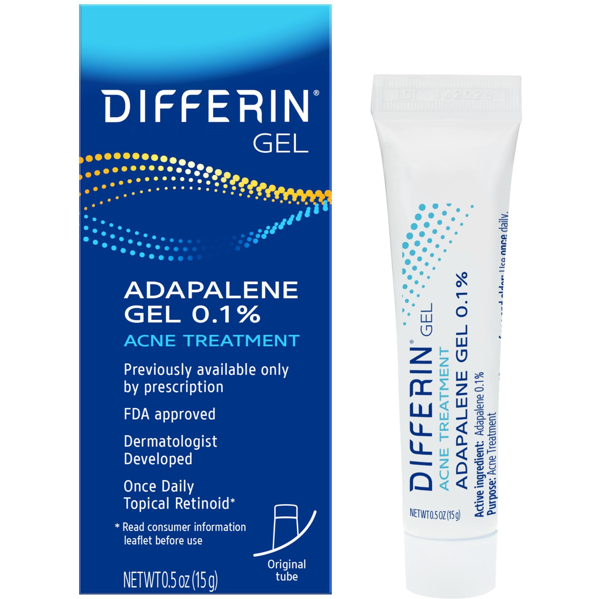 Differin Acne Treatment Gel, 30 Day Supply, Retinoid Treatment for Face with 0.1% Adapalene, Gentle Skin Care for Acne Prone Sensitive Skin, 15g Tube