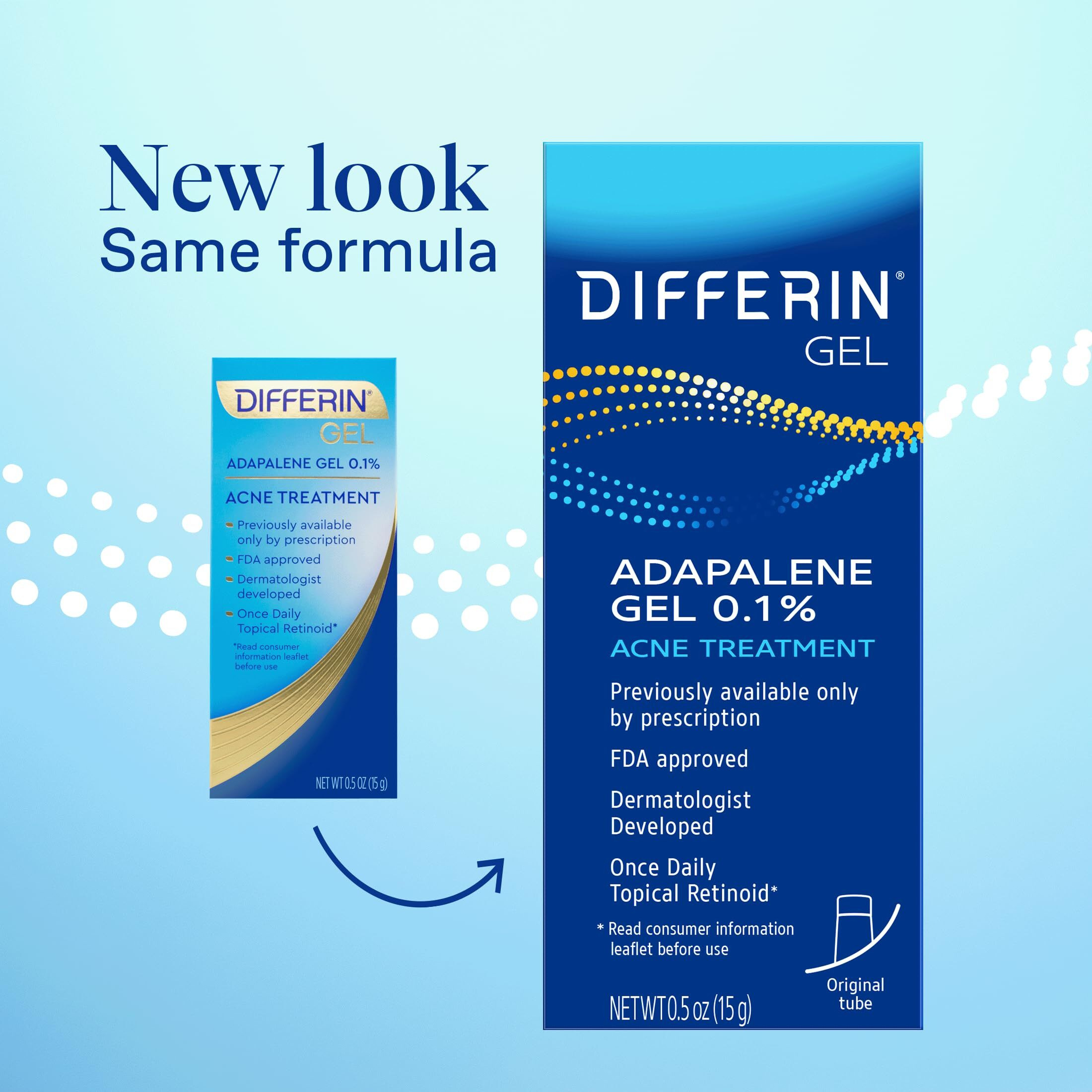 Differin Acne Treatment Gel, 30 Day Supply, Retinoid Treatment for Face with 0.1% Adapalene, Gentle Skin Care for Acne Prone Sensitive Skin, 15g Tube