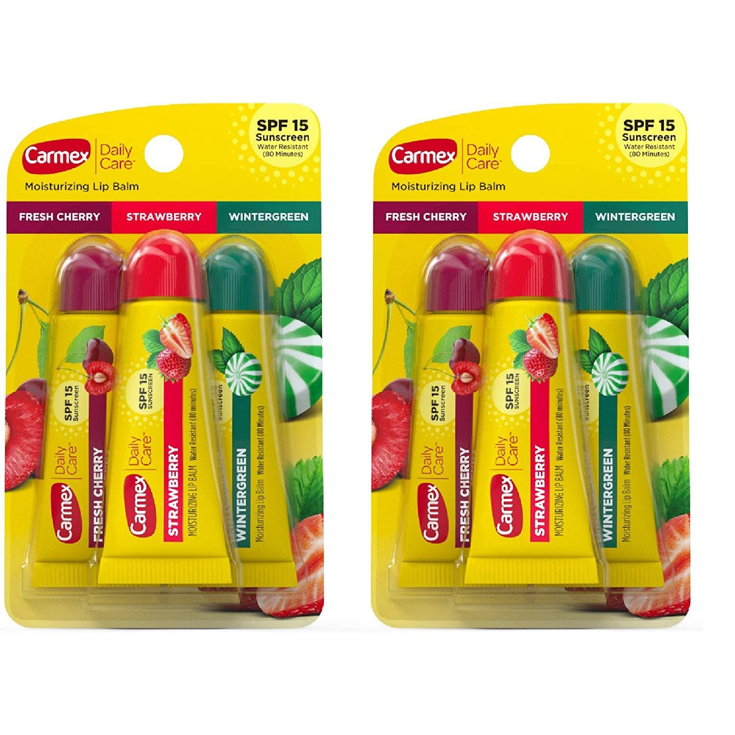 Carmex Daily Care Moisturizing Lip Balm Tubes with SPF, Fresh Cherry, Strawberry and Wintergreen Lip Balm Pack, 0.35 OZ - 3 Count (Pack of 2)