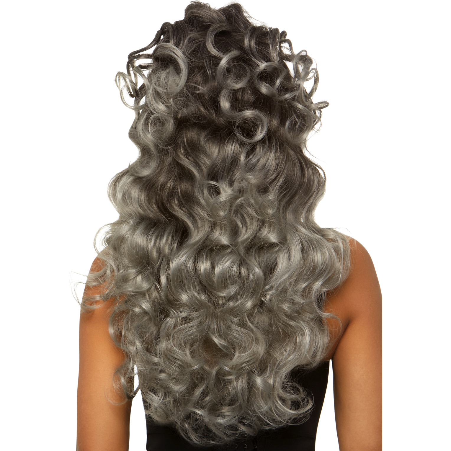 24" Long curly wispy bang wig with half up pony.