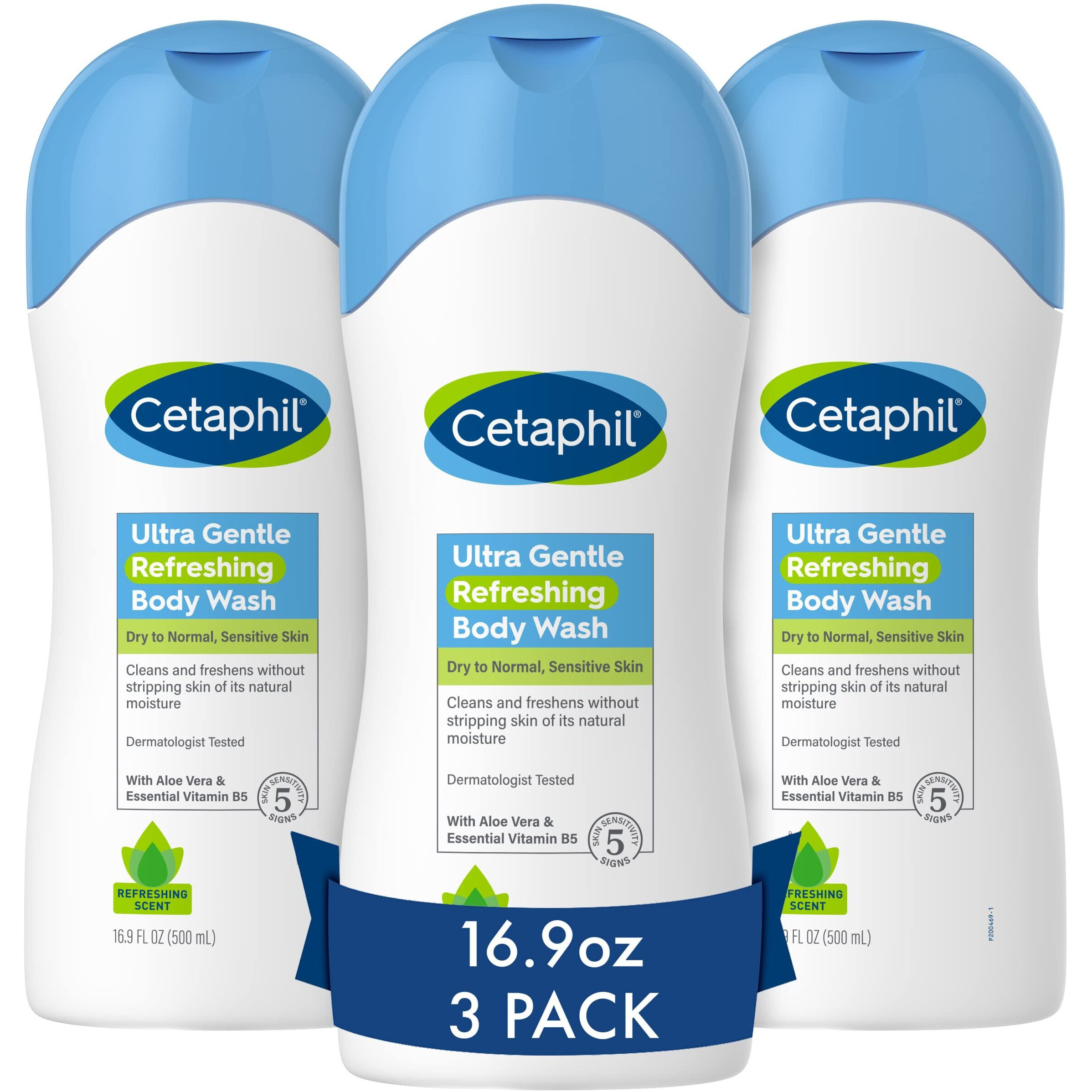 Cetaphil Ultra Gentle Refreshing Body Wash, Refreshing Scent For Dry to Normal, Sensitive Skin, 16.9oz Pack of 3, with Aloe Vera, Calendula, Vitamin B5, Hypoallergenic, Dermatologist Tested