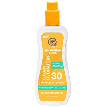 Australian Gold Spray Gel Sunscreen Moisturize Hydrate Skin, Broad Spectrum, Water Resistant, NonGreasyc, Oxybenzone Free, Cruelty Free, SPF 30, Coconut, 8 Ounce (A70892)