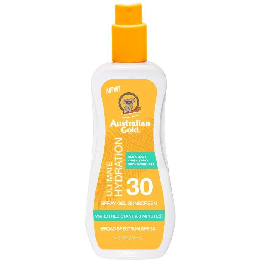Australian Gold Spray Gel Sunscreen Moisturize Hydrate Skin, Broad Spectrum, Water Resistant, NonGreasyc, Oxybenzone Free, Cruelty Free, SPF 30, Coconut, 8 Ounce (A70892)