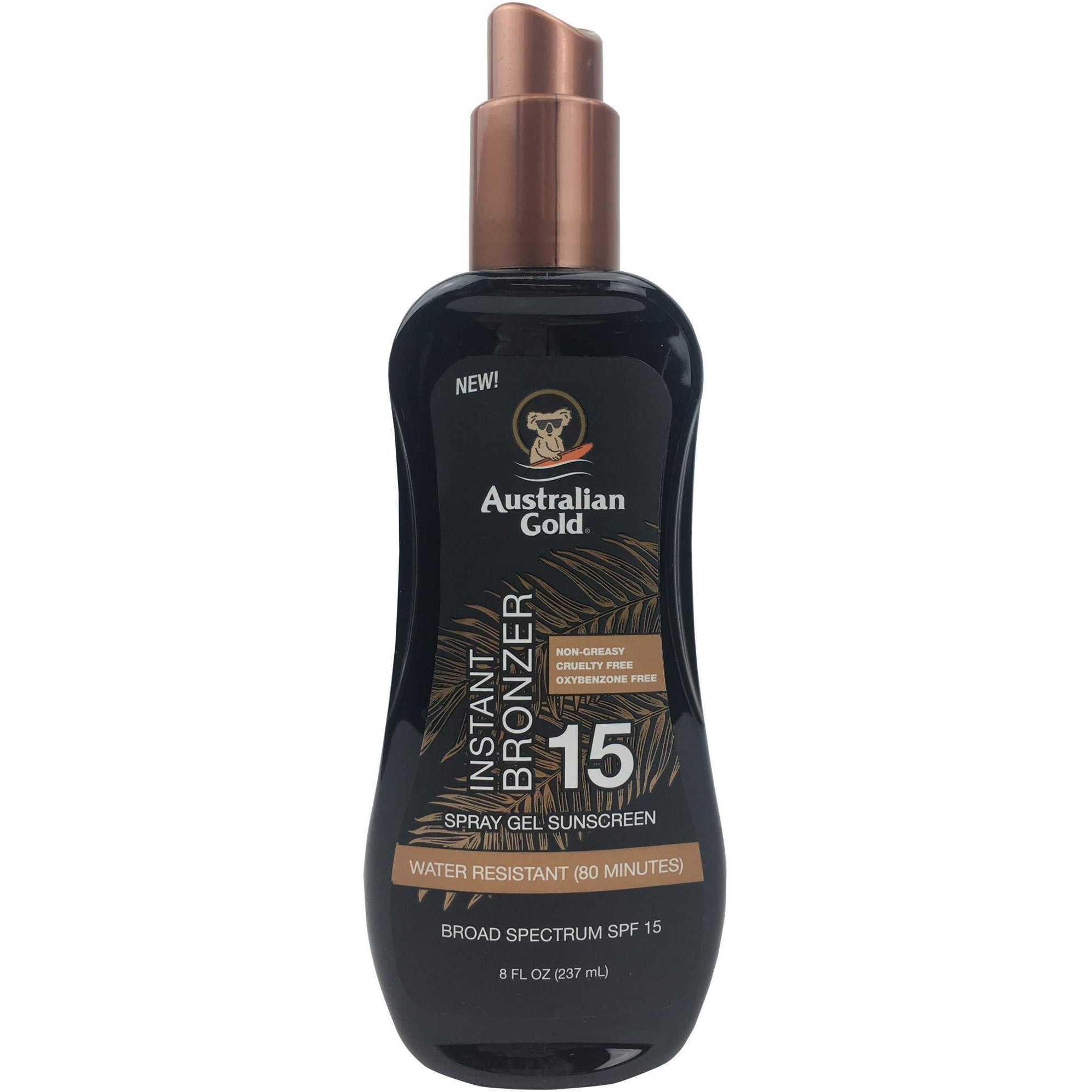 Australian Gold Spray Gel Sunscreen with Instant Bronzer SPF 15, 8 Ounce | Moisturize & Hydrate Skin | Broad Spectrum | Water Resistant | Non-Greasy | Oxybenzone Free | Cruelty Free