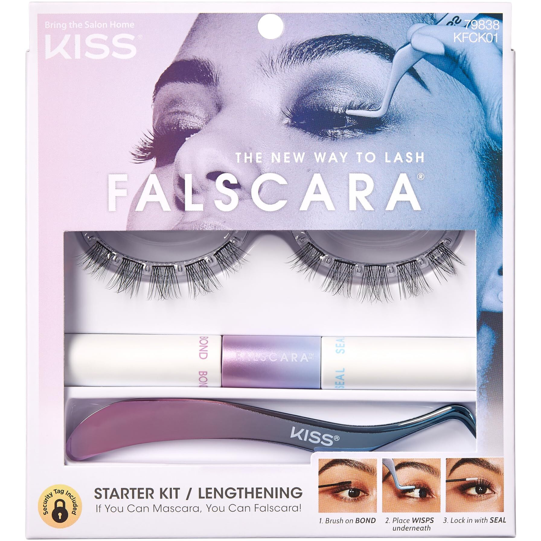 KISS Falscara DIY Lash Extension Starter Kit 10 Reusable Featherlight Eyelash Lengthening Wisps, Applicator, Bond & Seal
