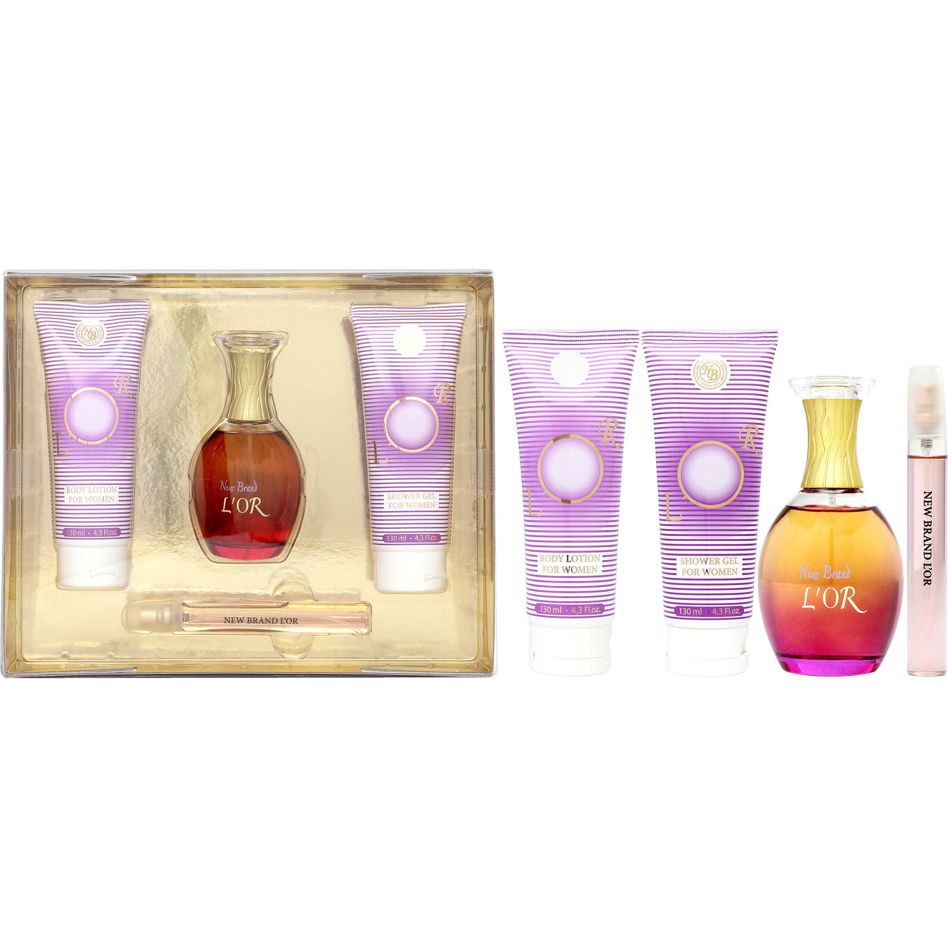 Lor by New Brand for Women - 4 Pc Gift Set 3.3oz EDP Spray, 0.5oz EDP Spray, 4.3oz Shower Gel, 4.3oz Body Lotion