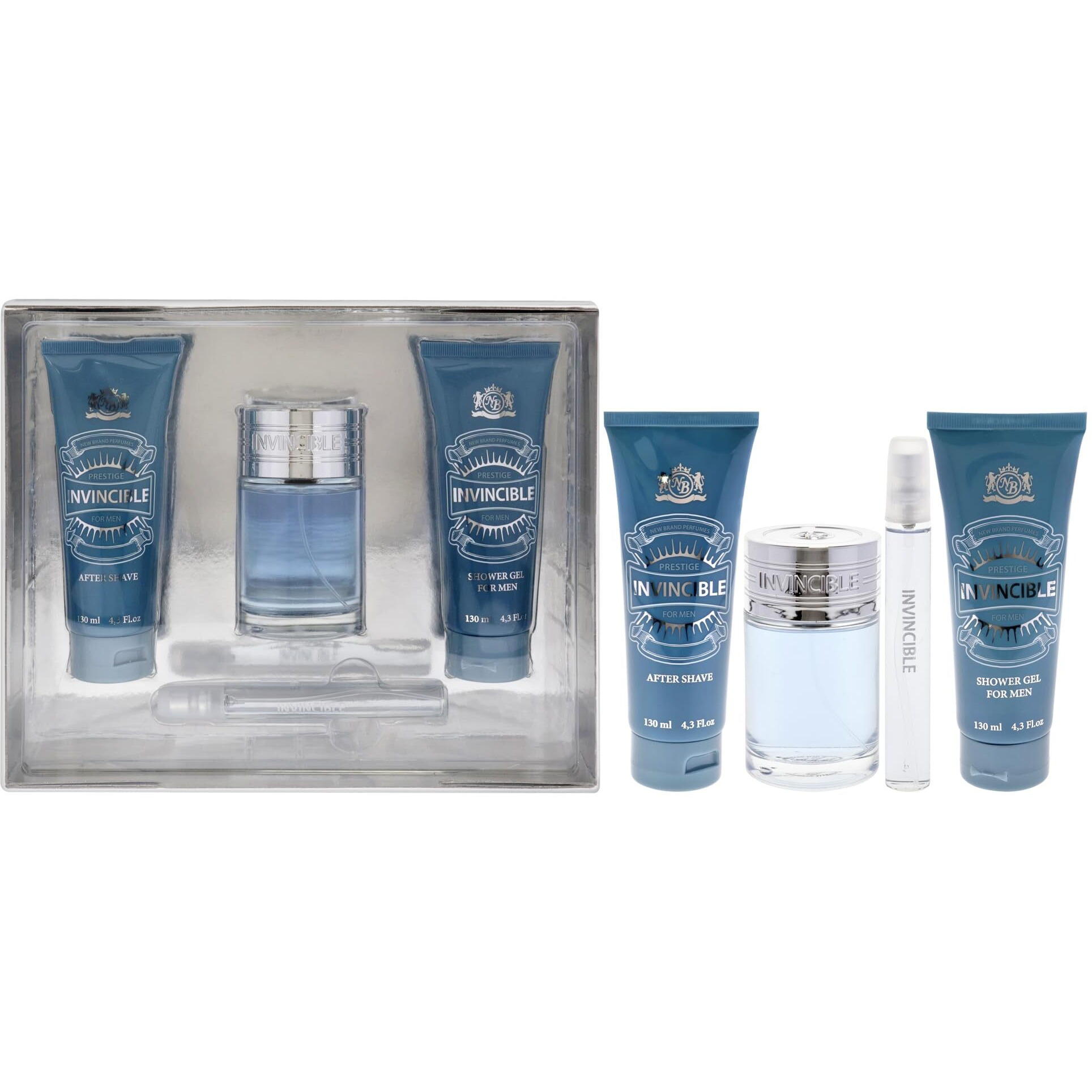 Invincible by New Brand for Men - 4 Pc Gift Set 3.3oz EDT Spray, 0.5oz EDT Spray, 4.3oz After Shave, 4.3oz Shower Gel