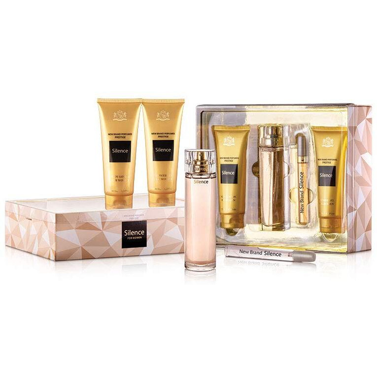 Prestige Silence by New Brand for Women - 4 Pc Gift Set 3.3oz EDP Spray, 0.5oz EDP Spray, 4.3oz Shower Gel, 4.3oz Body Lotion