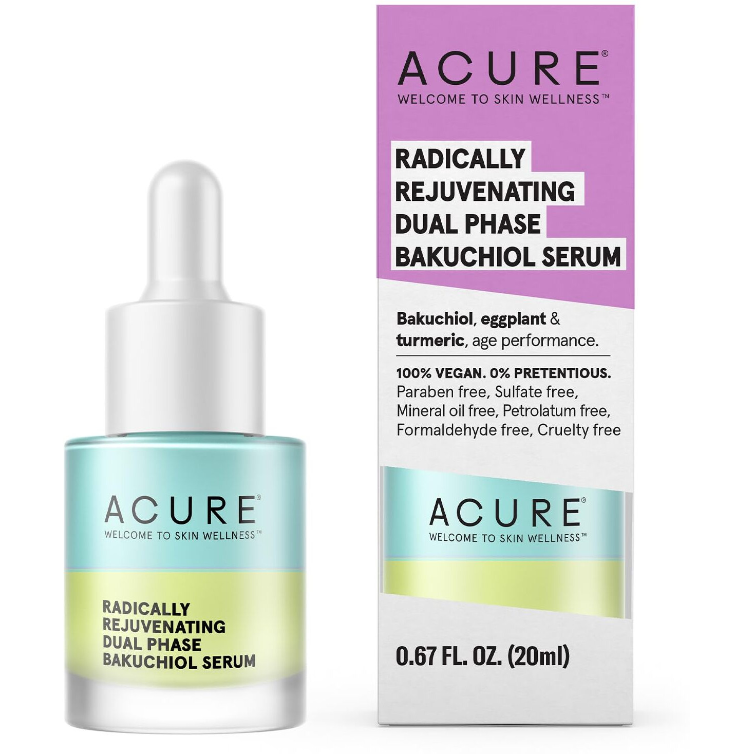 Acure Radically Rejuvenating Dual Phase Bakuchiol Serum - Anti-Aging & Soothing Skin Support - All Natural Made with Eggplant, Turmeric & Bakuchiol - Vegan Skin Care, Hydrates & Defends - 0.67 oz