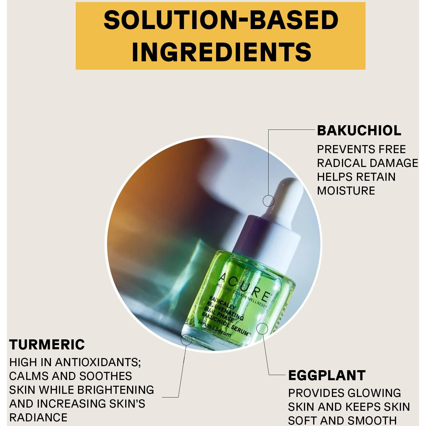 Acure Radically Rejuvenating Dual Phase Bakuchiol Serum - Anti-Aging & Soothing Skin Support - All Natural Made with Eggplant, Turmeric & Bakuchiol - Vegan Skin Care, Hydrates & Defends - 0.67 oz
