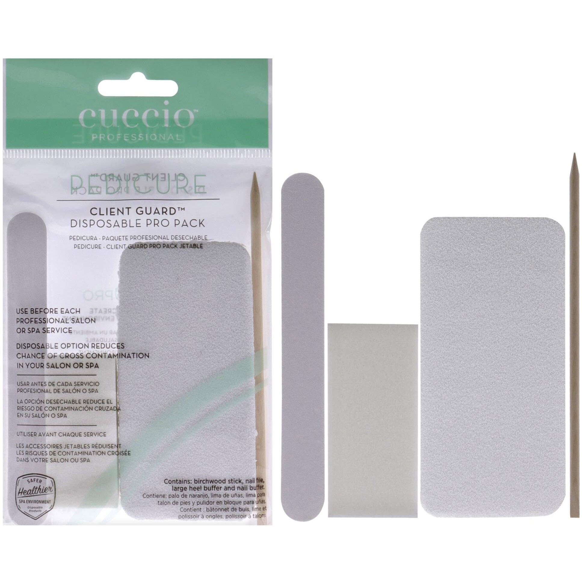 Pedicure Client Guard Disposable Pro Pack by Cuccio Pro for Women - 4 Pc Birchwood Stick, Nail File, Large Heel Buffer, Nail Buffer