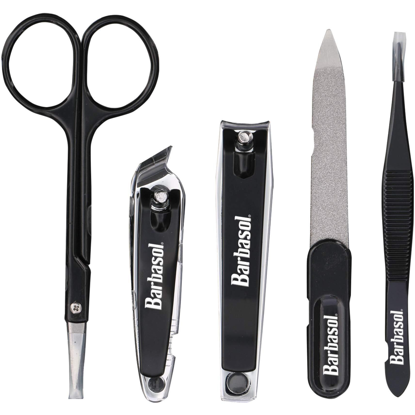 Grooming Manicure Kit by Barbasol for Men - 6 Pc Cuticle Scissors, Large Nail Clipper, Slanted Nail Clipper, Nail File, Pointed Tweezers, Travel Case