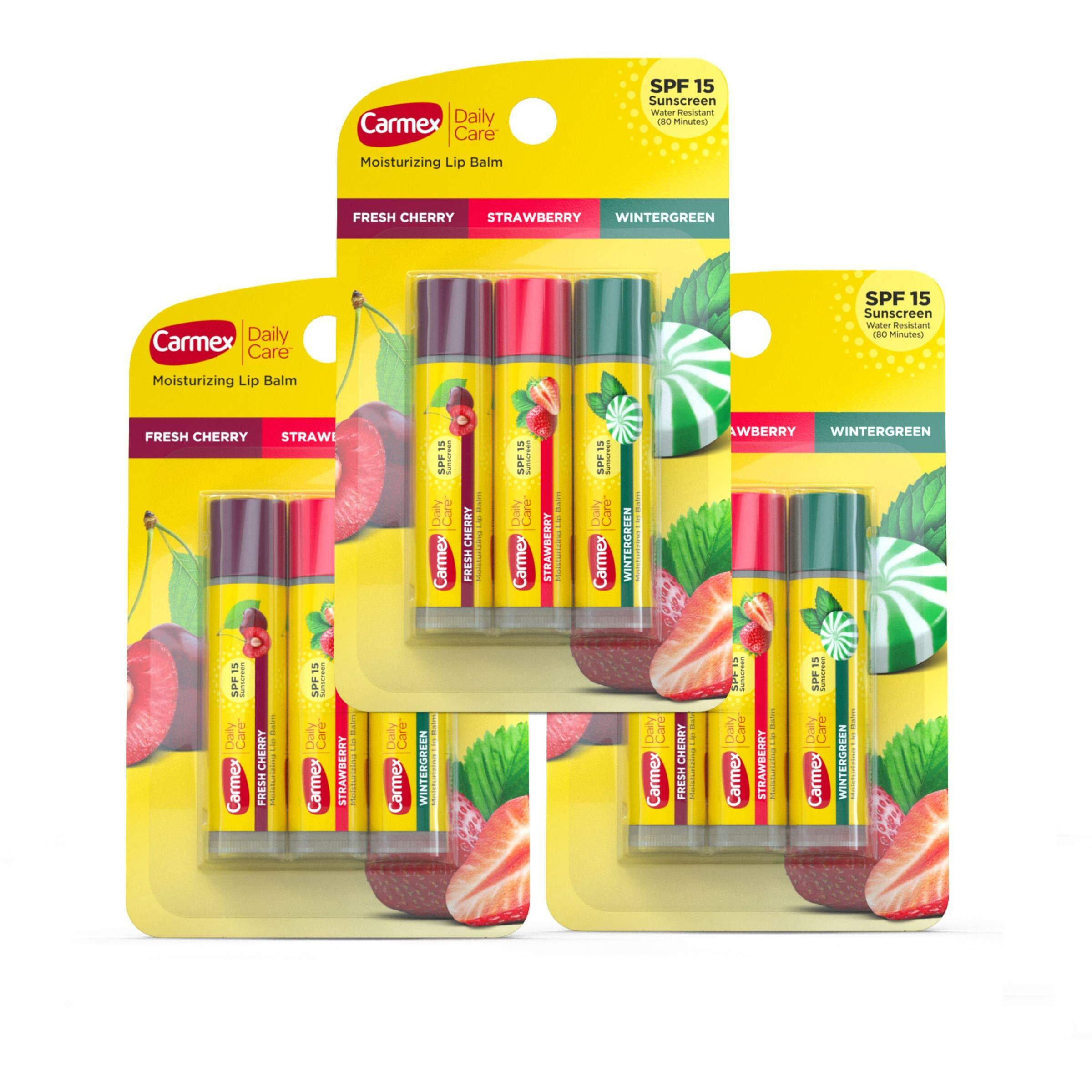 Carmex Daily Care Moisturizing Lip Balm Sticks, SPF 15, Multi-Flavor Lip Balm Pack, 9 Count (3 Packs of 3)