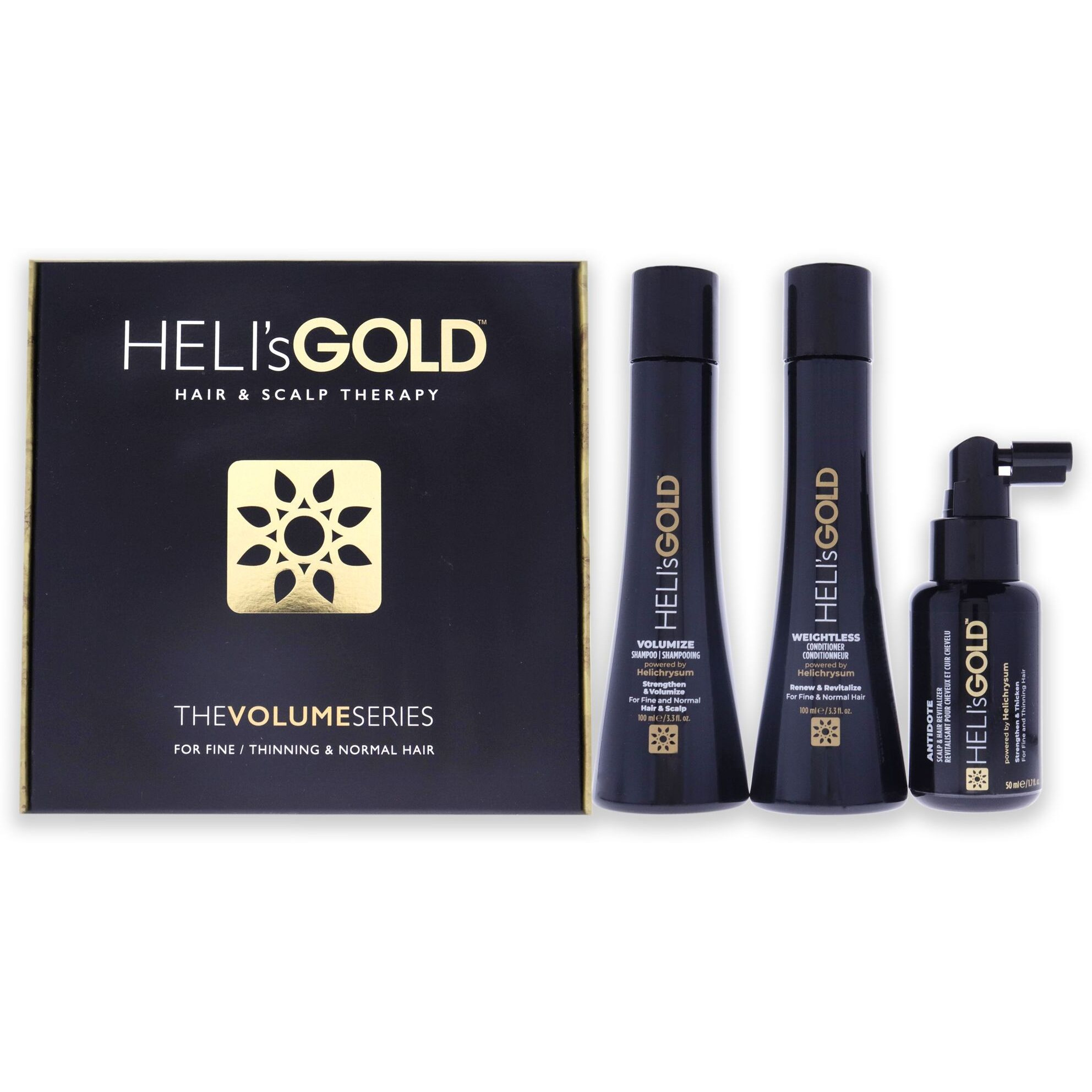 The Volume Series Travel Kit by Helis Gold for Unisex - 3 Pc 3.3oz Weightless Conditioner, 3.3oz Volumize Shampoo, 1.7oz Antidote Scalp and Hair Revitalizer