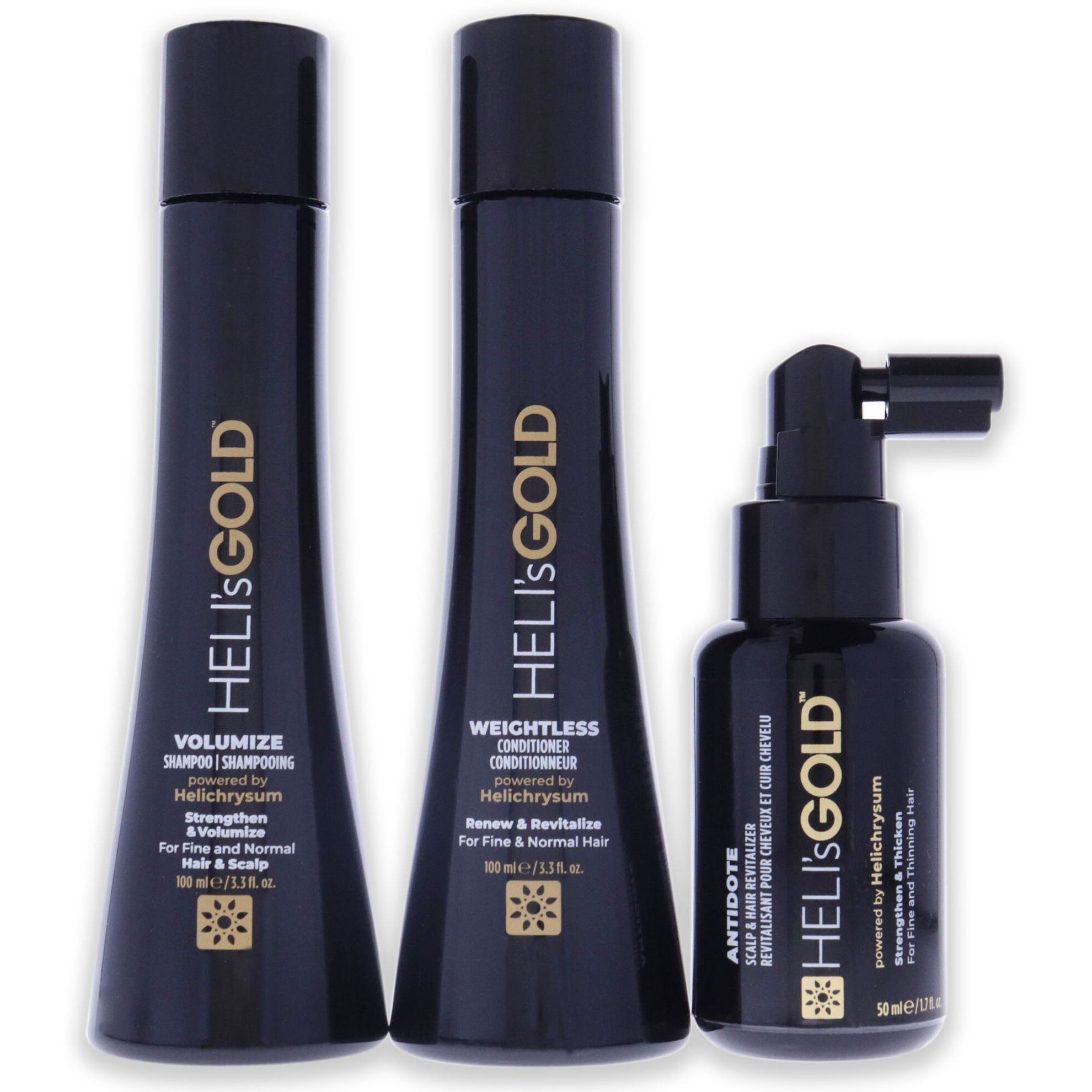 The Volume Series Travel Kit by Helis Gold for Unisex - 3 Pc 3.3oz Weightless Conditioner, 3.3oz Volumize Shampoo, 1.7oz Antidote Scalp and Hair Revitalizer
