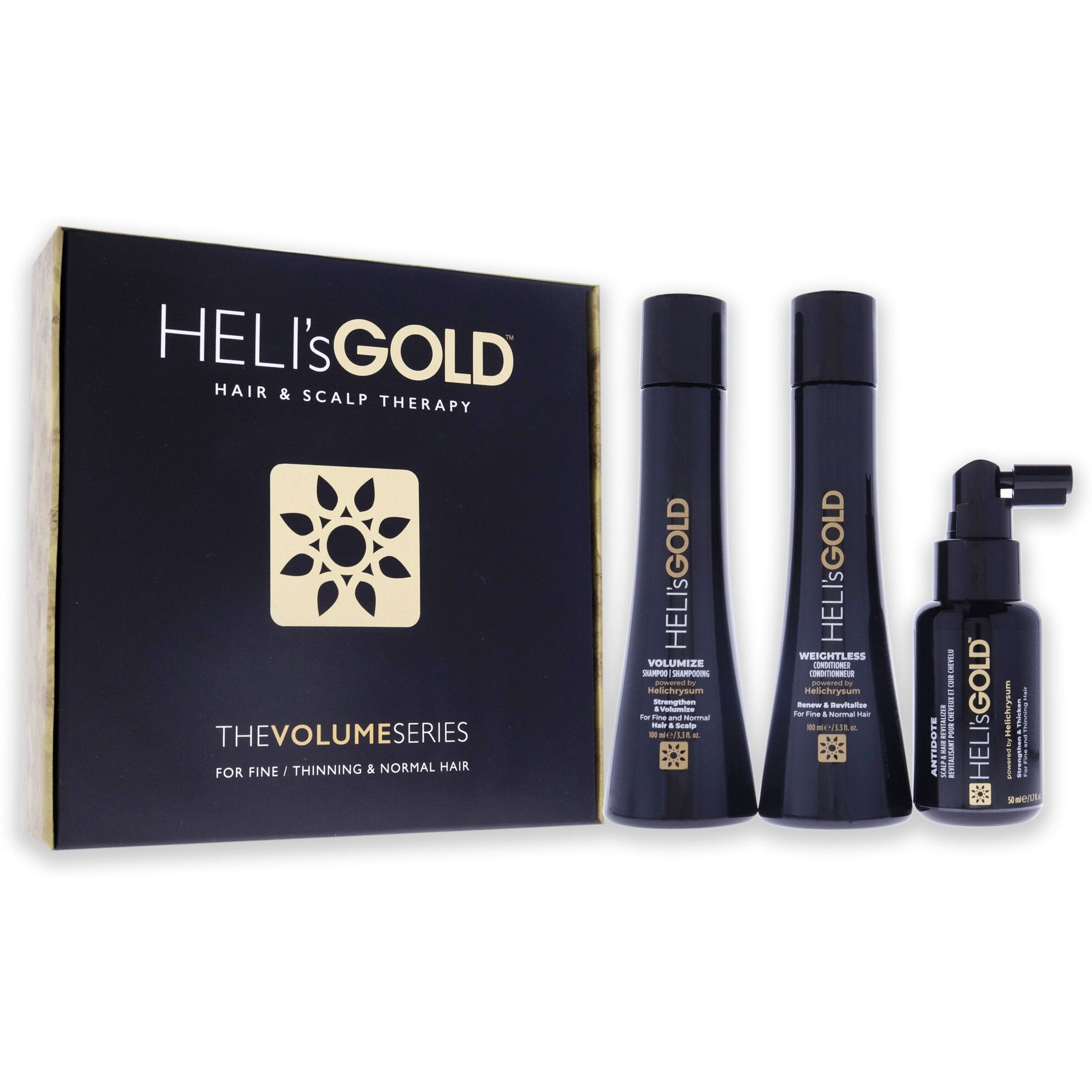 The Volume Series Travel Kit by Helis Gold for Unisex - 3 Pc 3.3oz Weightless Conditioner, 3.3oz Volumize Shampoo, 1.7oz Antidote Scalp and Hair Revitalizer