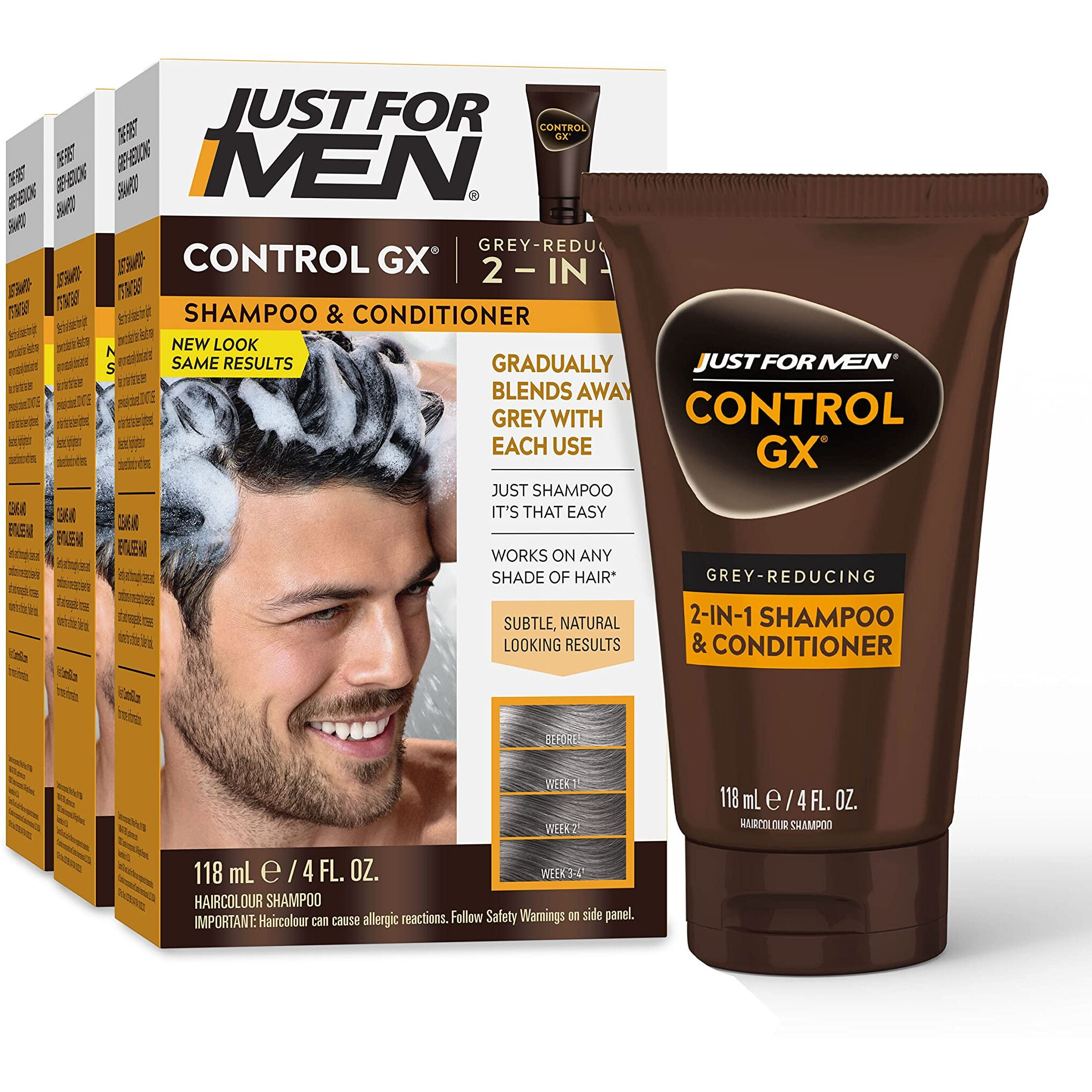 Just For Men Control GX Grey Reducing 2-in-1 Shampoo and Conditioner, Gradual Hair Color for Stronger and Healthier Hair, 4 Fl Oz - Pack of 3 (Packaging May Vary)