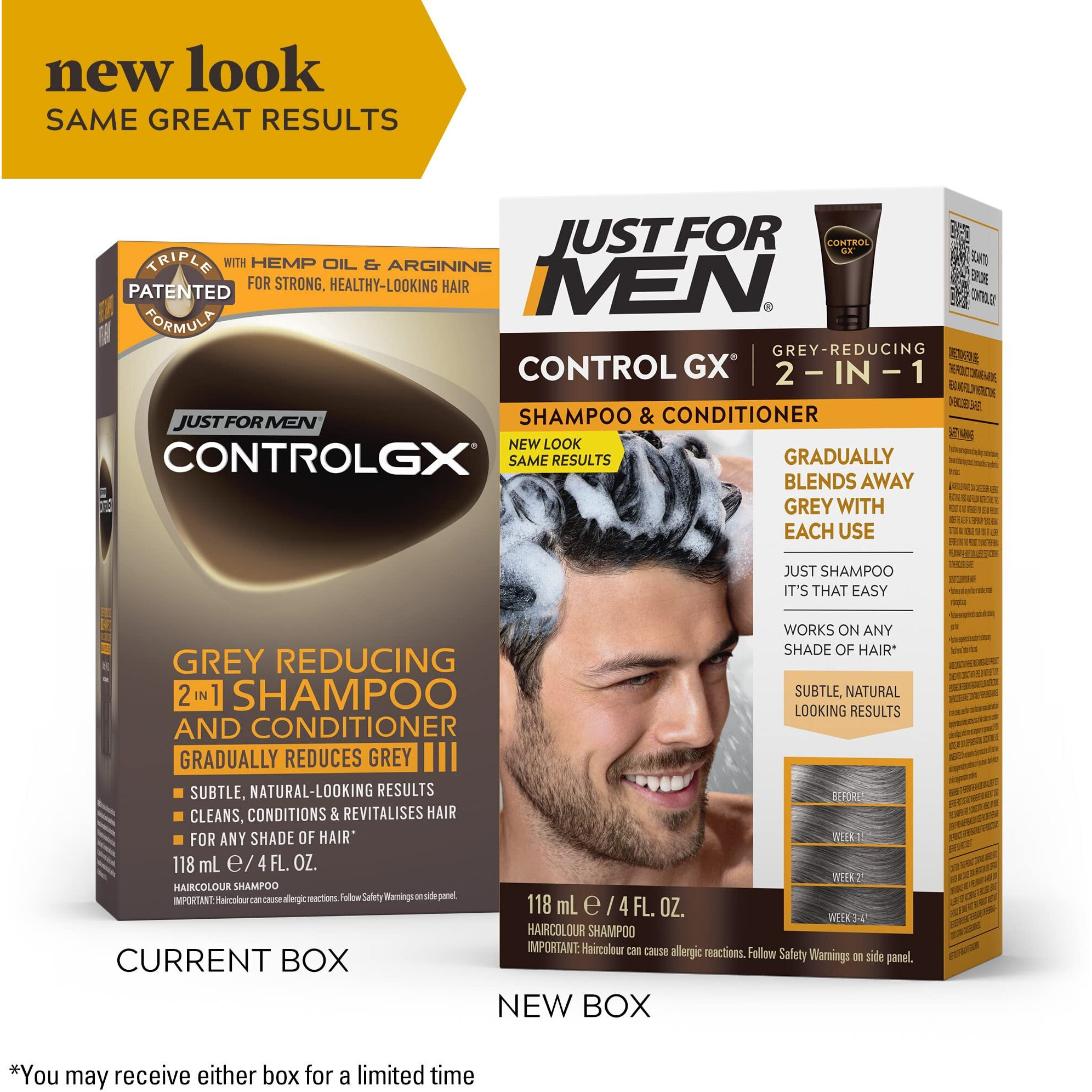 Just For Men Control GX Grey Reducing 2-in-1 Shampoo and Conditioner, Gradual Hair Color for Stronger and Healthier Hair, 4 Fl Oz - Pack of 3 (Packaging May Vary)
