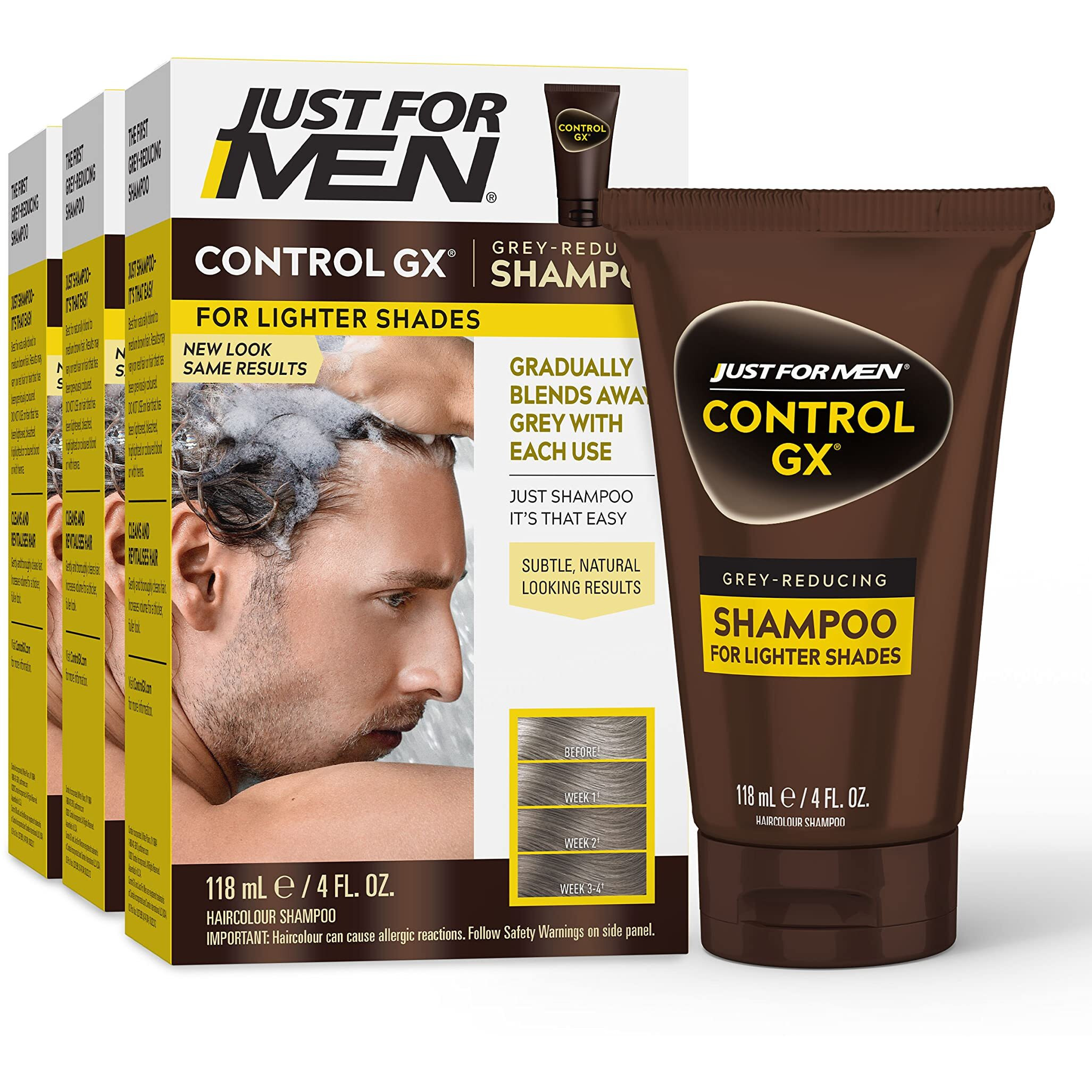 Just for Men Control GX Grey Reducing Shampoo for Lighter Shades of Hair, Blonde to Medium Brown, Gradual Hair Color, 4 Fl Oz - Pack of 3 (Packaging May Vary)