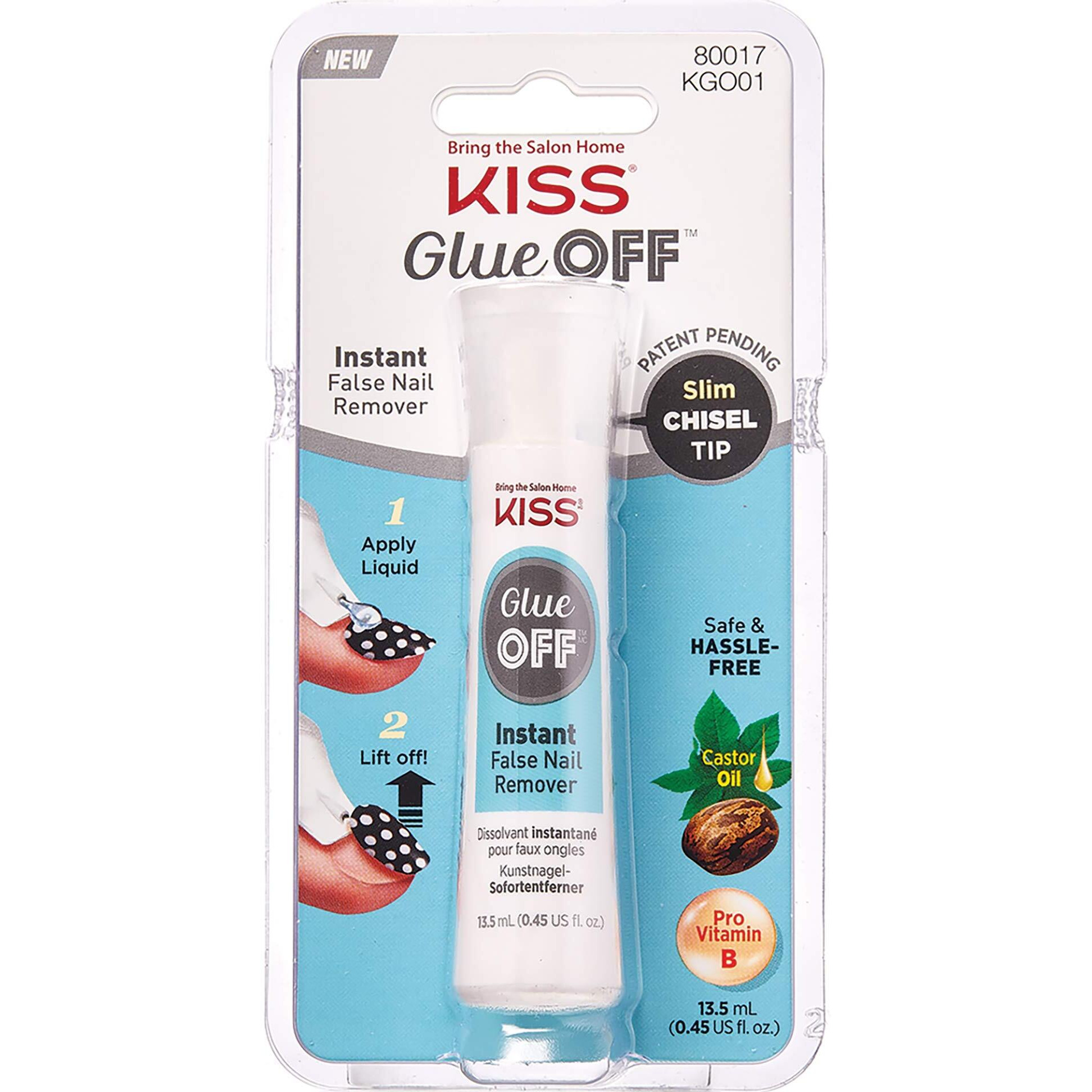 KISS GlueOFF Instant False Nail and Nail Glue Remover, Patent Pending Chisel Tip, Castor Oil & Pro Vitamin B infused, Includes 1 Bottle 13.5ml (0.45 fl. oz.)