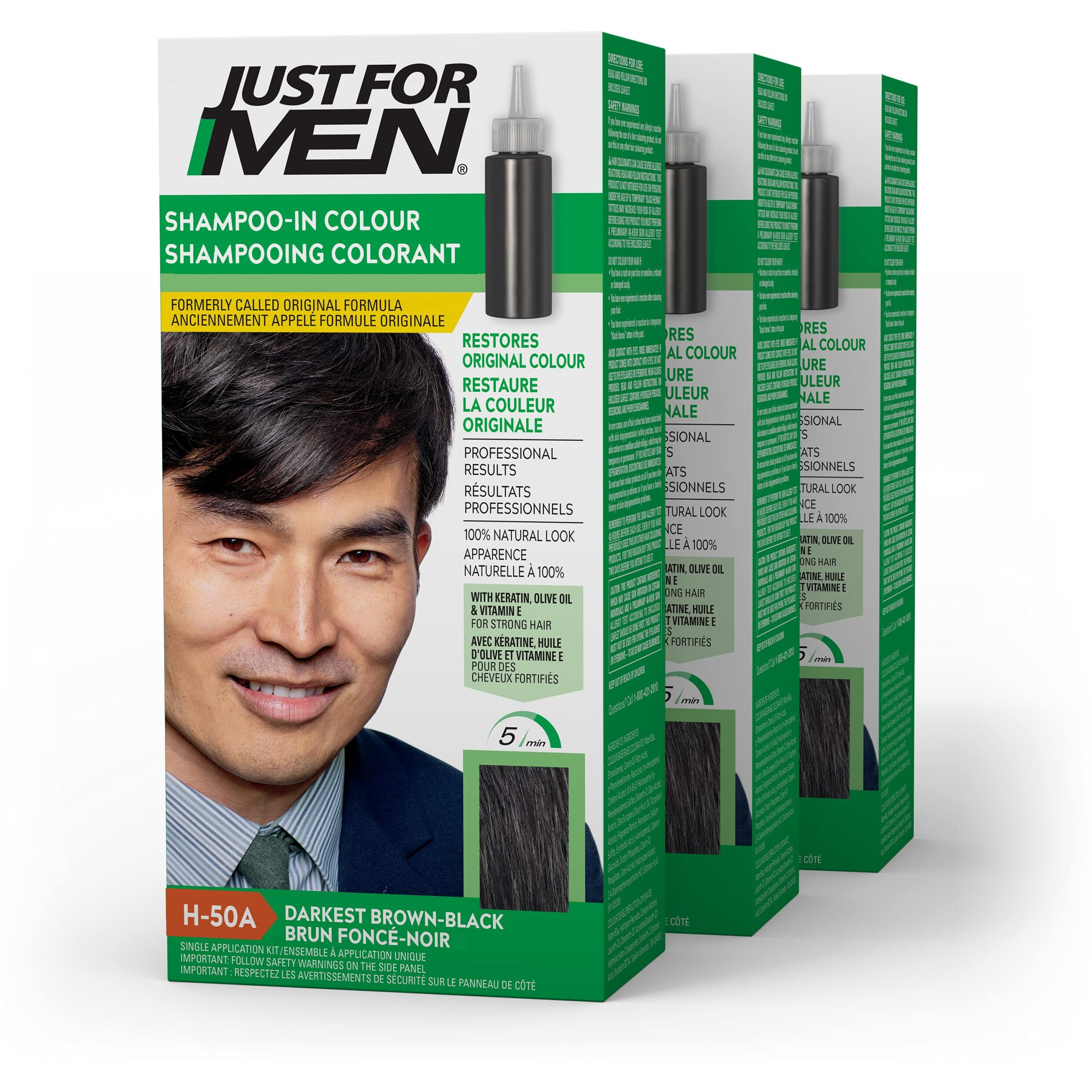Just For Men Shampoo-In Color (Formerly Original Formula), Mens Hair Color with Keratin and Vitamin E for Stronger Hair - Darkest Brown-Black, H-50A, Pack of 3