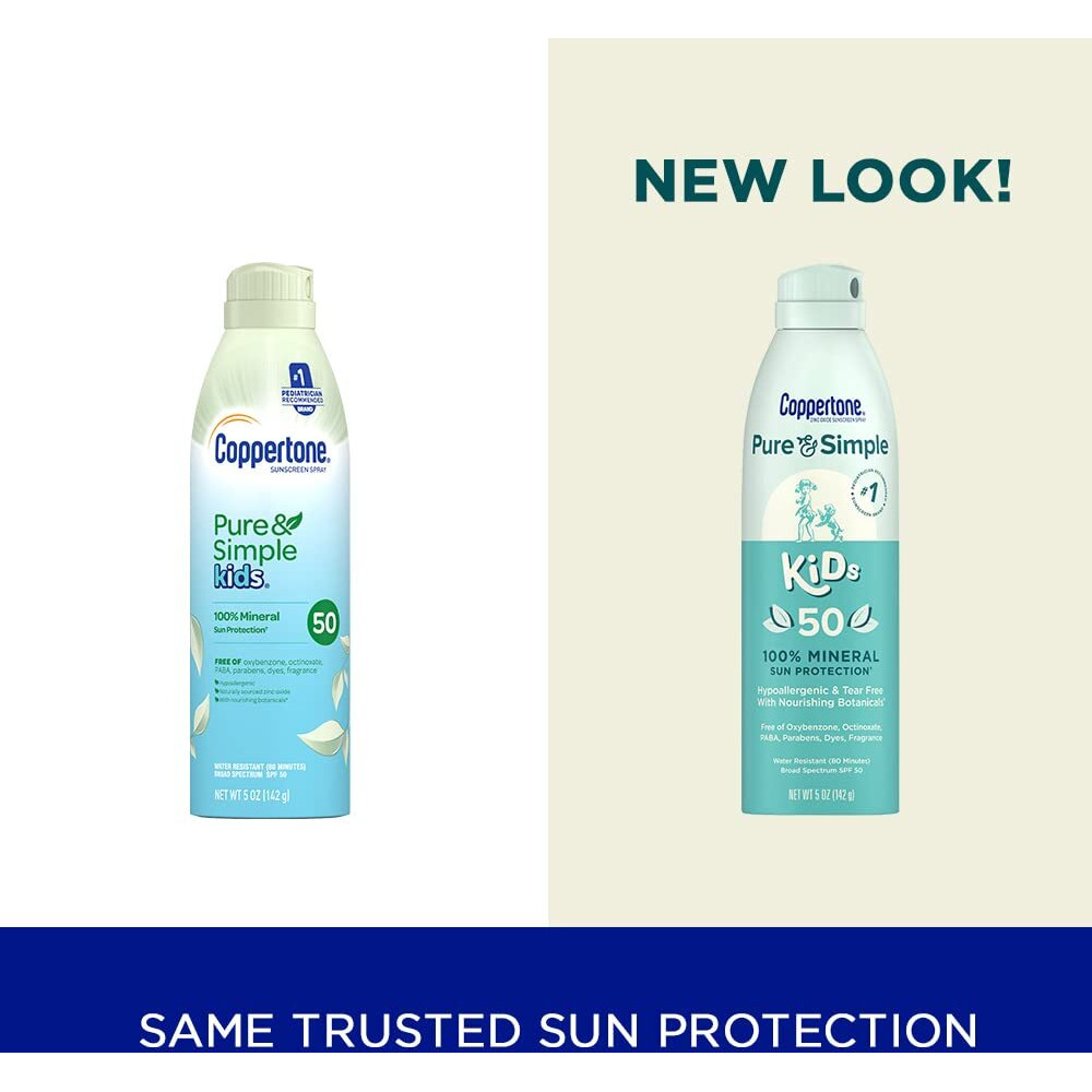 Coppertone Pure and Simple Kids Sunscreen Spray SPF 50, Zinc Oxide Mineral , Tear Free, Water Resistant, Broad Spectrum , 5 Oz