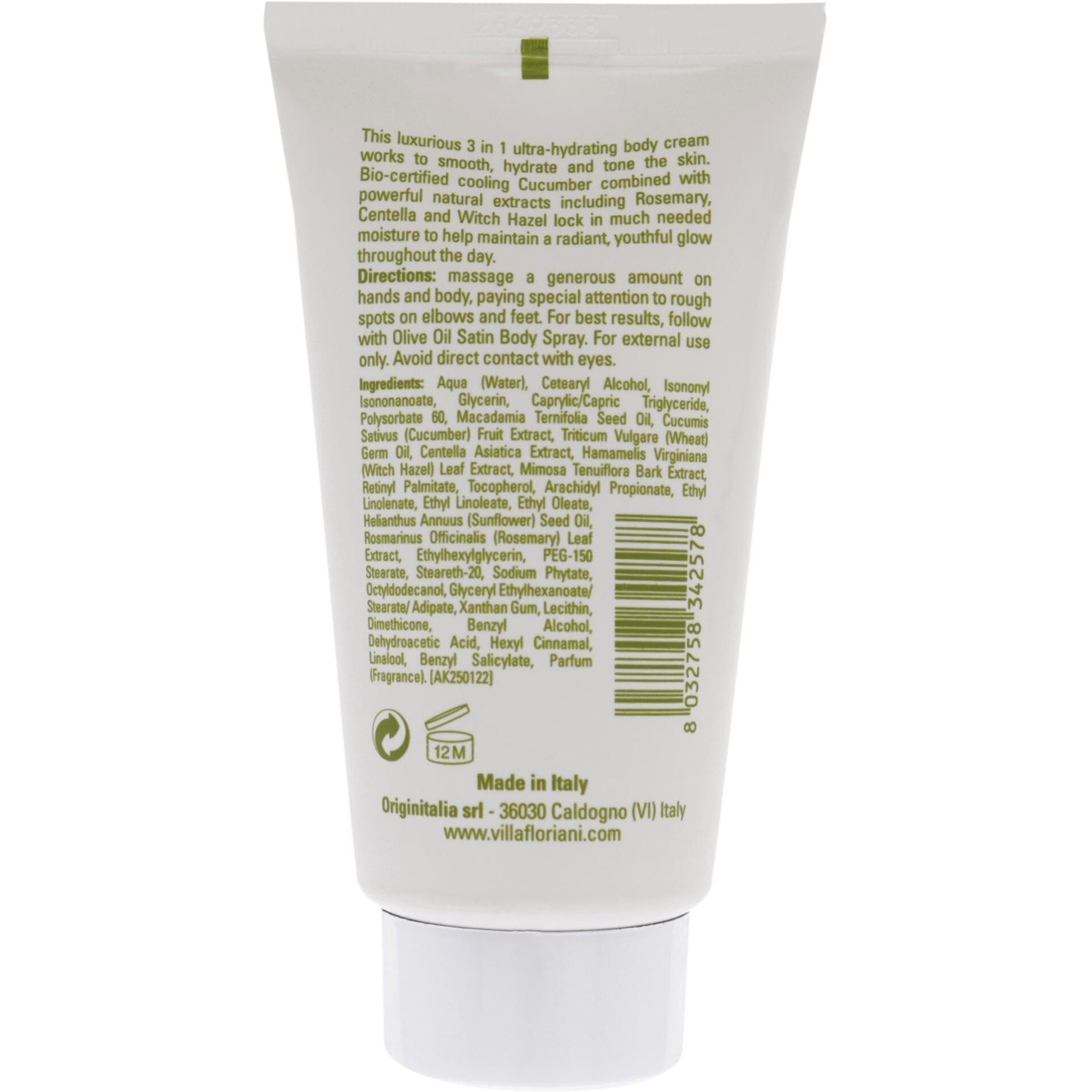 Ultra Hydrating Cucumber Body Cream by Villa Floriani for Women - 2.53 oz Body Cream