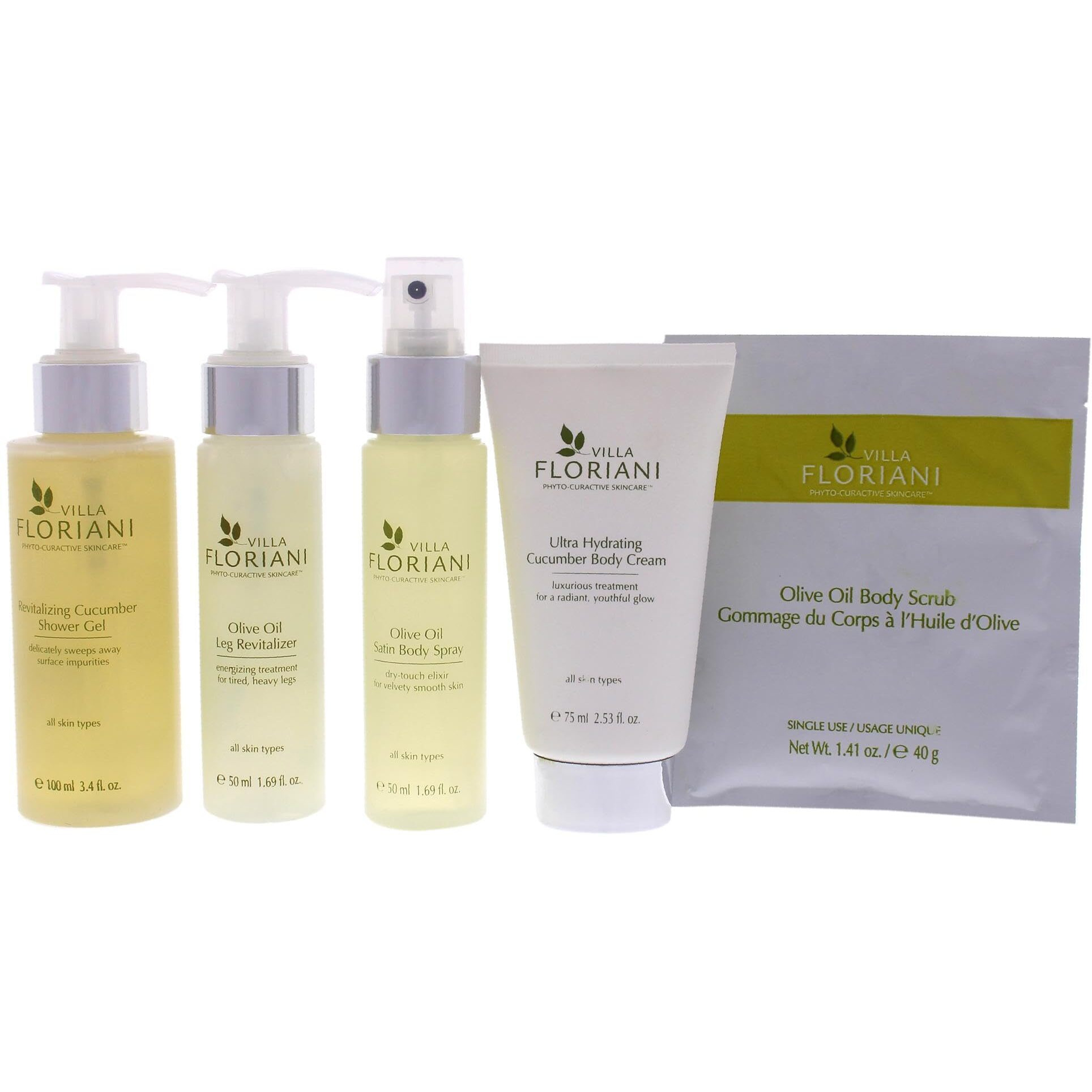 Ultra-Hydrating Body Travel Kit by Villa Floriani for Unisex - 5 Pc 3.4oz Revitalizing Cucumber Shower Gel, 2.53oz Ultra Hydrating Cucumber Body Cream, 1.69oz Olive Oil Sating Body Spray, 1.69oz Olive Oil Leg Revitalizer, 1.41oz Olive Oil Body Scrub