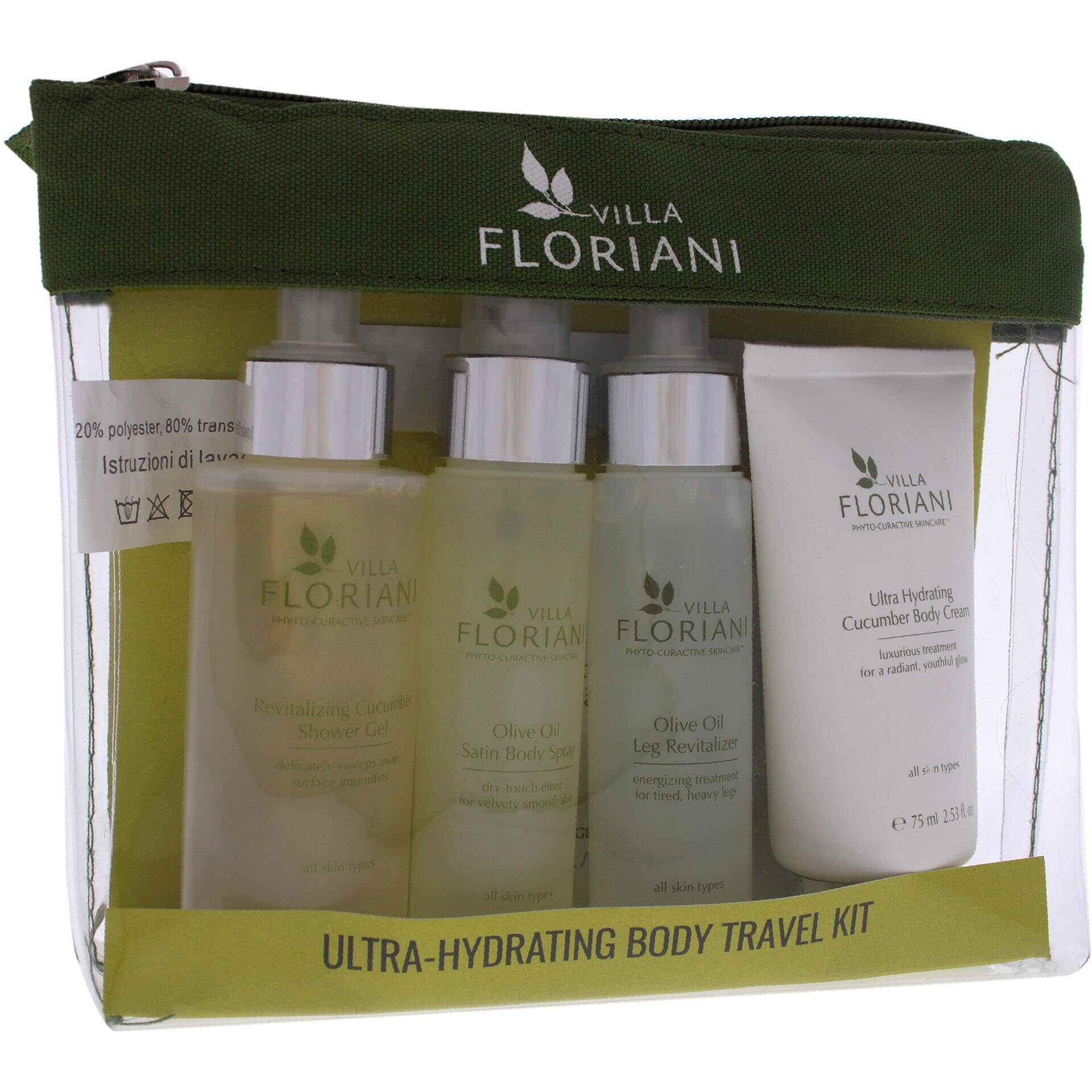 Ultra-Hydrating Body Travel Kit by Villa Floriani for Unisex - 5 Pc 3.4oz Revitalizing Cucumber Shower Gel, 2.53oz Ultra Hydrating Cucumber Body Cream, 1.69oz Olive Oil Sating Body Spray, 1.69oz Olive Oil Leg Revitalizer, 1.41oz Olive Oil Body Scrub