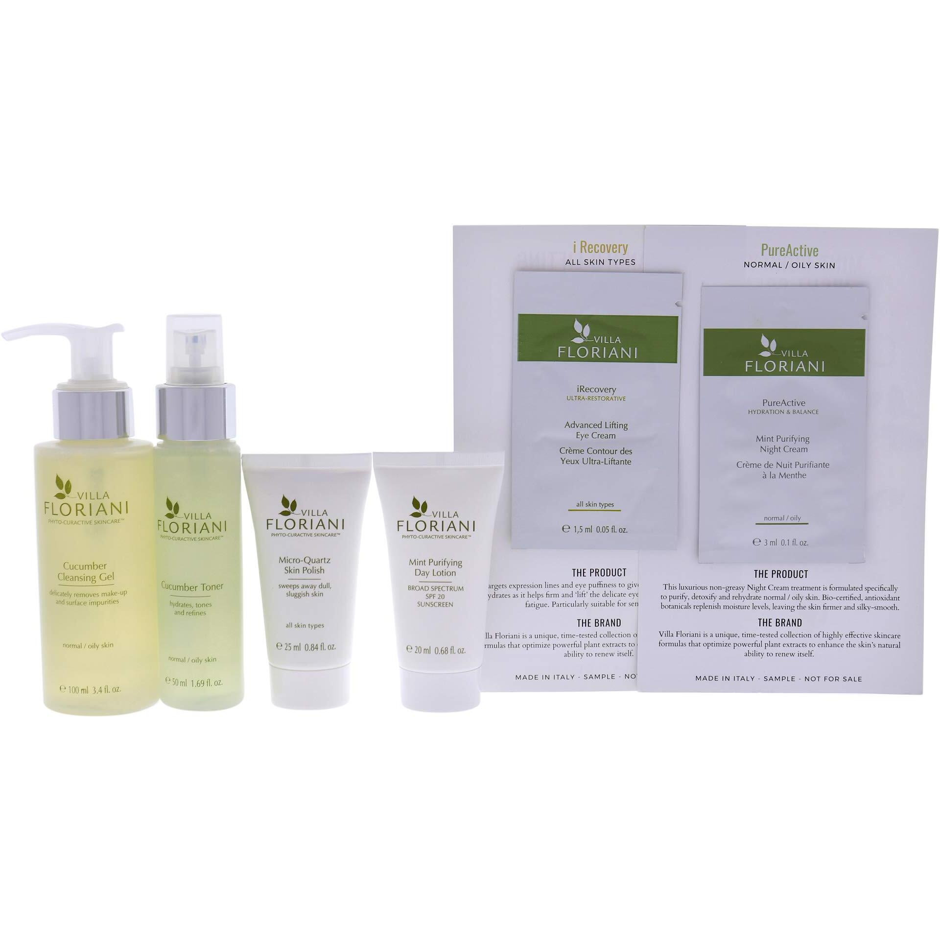 Purifying Skincare Travel Kit by Villa Floriani for Women - 6 Pc 3.4oz Cucumber Cleansing Gel, 1.69oz Cucumber Toner, 0.05oz Advanced Lifting Eye Cream, 0.68oz Mint Purifying Day Lotion SPF20, 0.84oz Micro-Quartz Skin Polish, 0.1oz Mint Purifying Night Cream