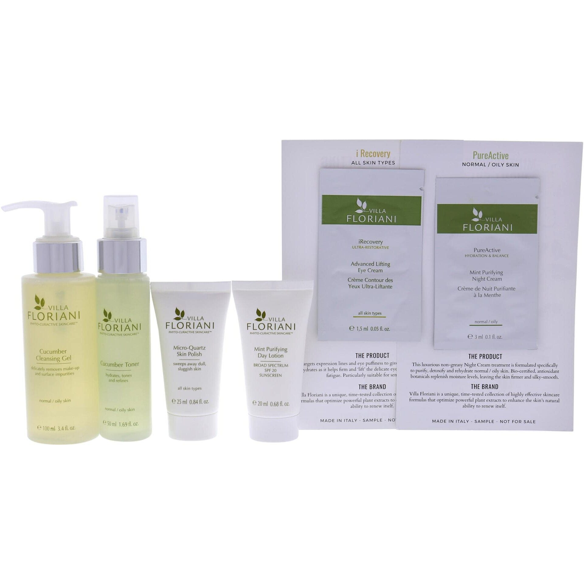 Purifying Skincare Travel Kit by Villa Floriani for Women - 6 Pc 3.4oz Cucumber Cleansing Gel, 1.69oz Cucumber Toner, 0.05oz Advanced Lifting Eye Cream, 0.68oz Mint Purifying Day Lotion SPF20, 0.84oz Micro-Quartz Skin Polish, 0.1oz Mint Purifying Night Cream