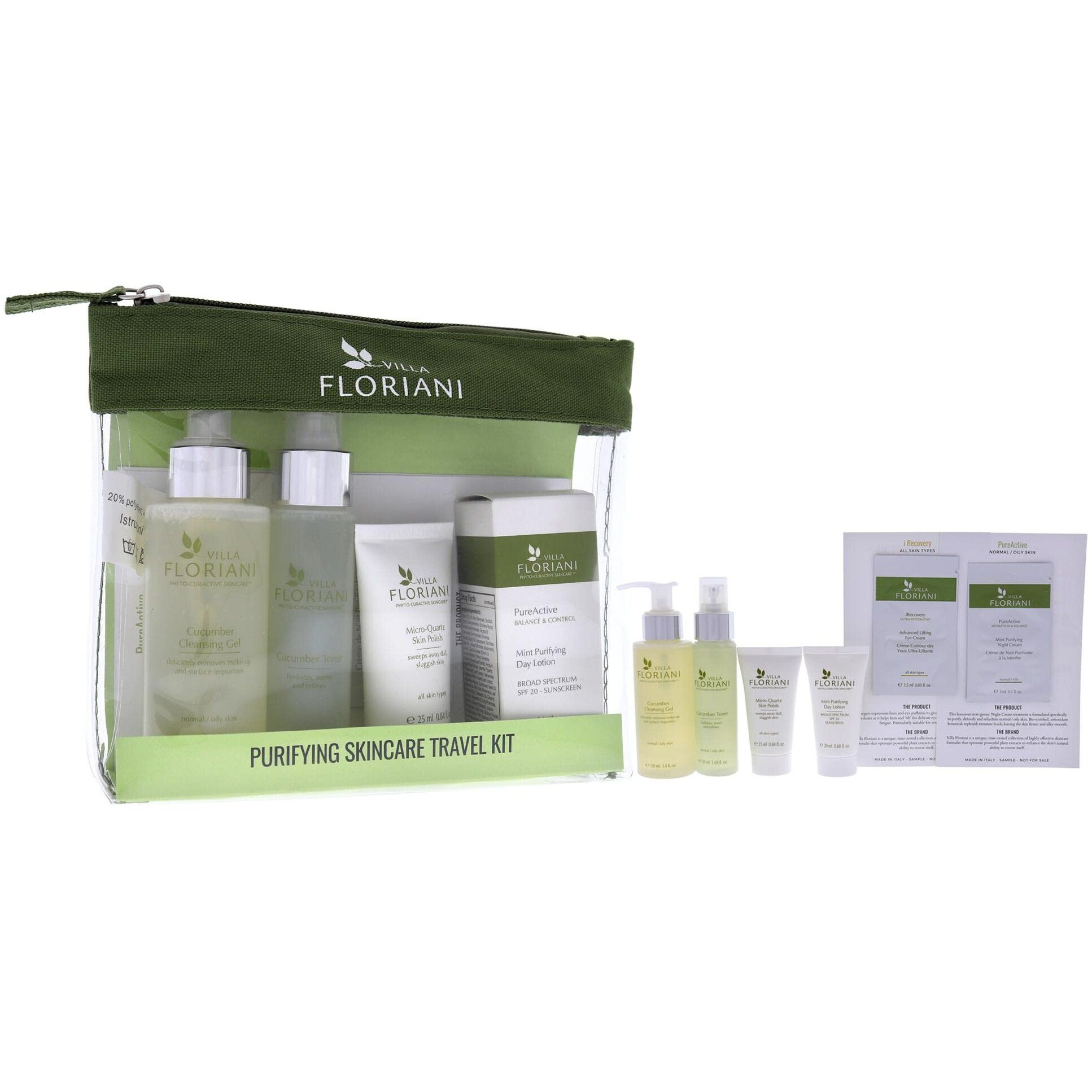 Purifying Skincare Travel Kit by Villa Floriani for Women - 6 Pc 3.4oz Cucumber Cleansing Gel, 1.69oz Cucumber Toner, 0.05oz Advanced Lifting Eye Cream, 0.68oz Mint Purifying Day Lotion SPF20, 0.84oz Micro-Quartz Skin Polish, 0.1oz Mint Purifying Night Cream