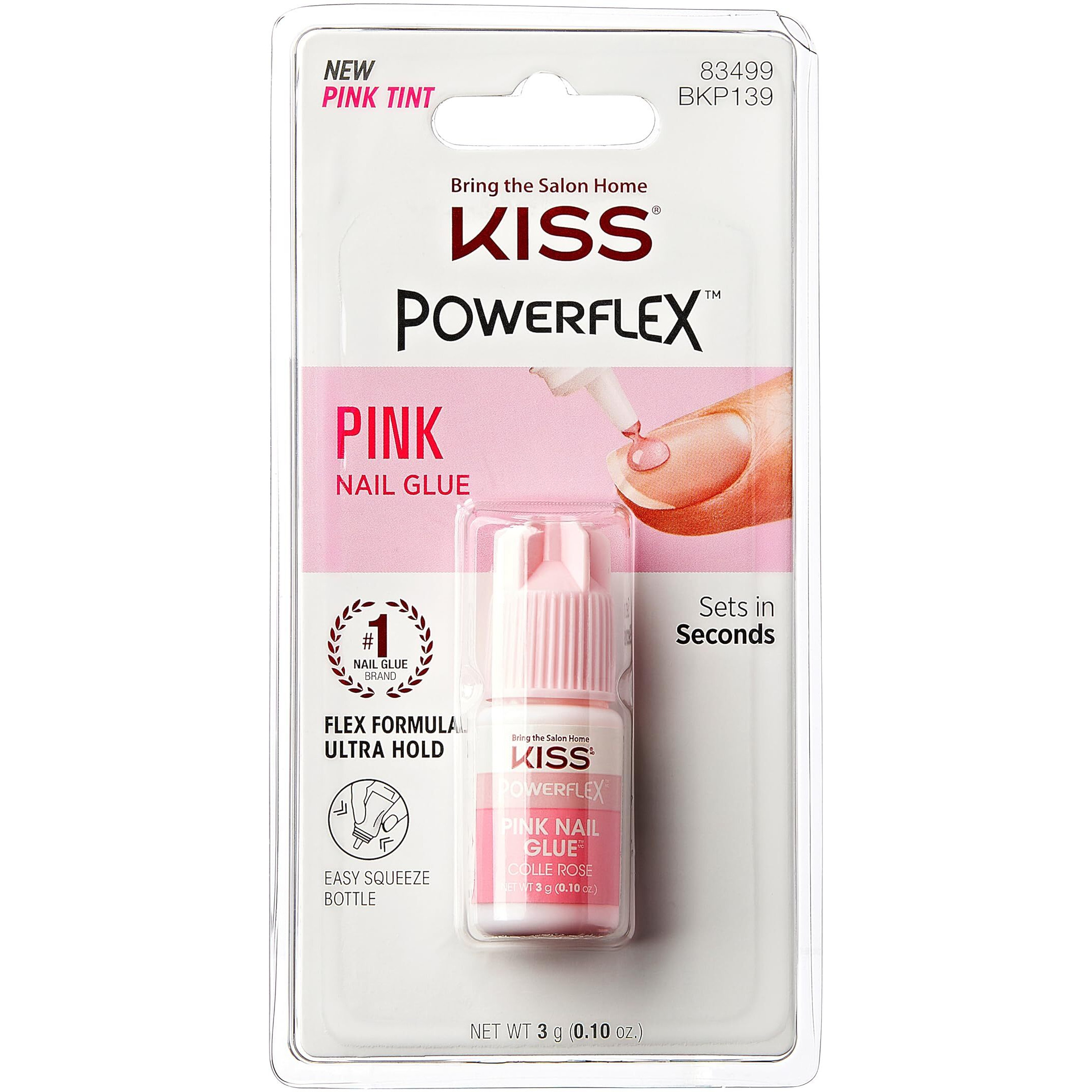 KISS PowerFlex Pink Nail Glue for Press On Nails, Ultra Hold Flex Formula Nail Adhesive, Includes One Bottle 3g (0.10 oz.) with Twist-Off Cap & Nozzle Tip Squeeze Applicator