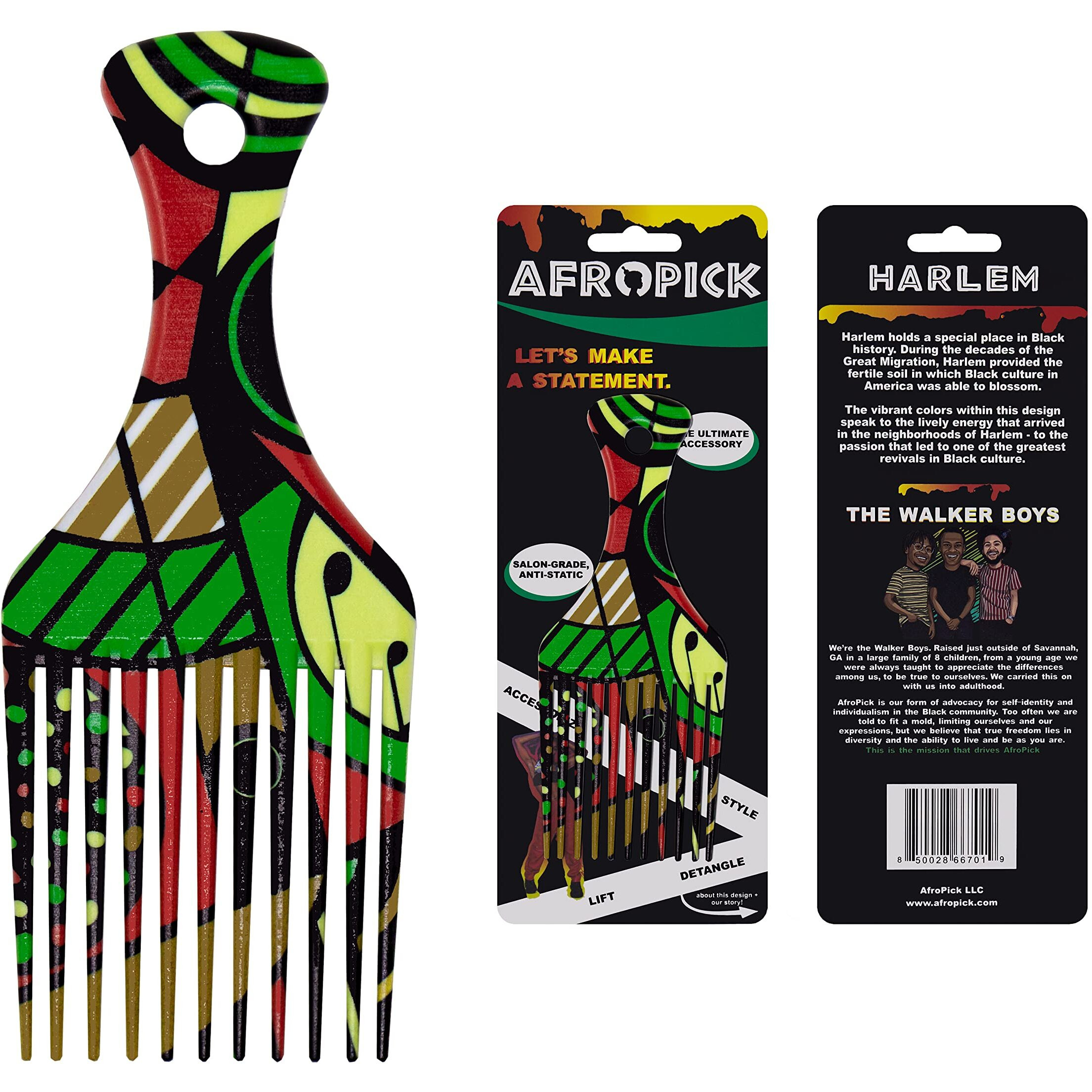 Afropick Anti-Static Plastic Black Hair Pick for Natural Curly Long Thick Hair- Afro Pick Comb for Men, Women- African Artist Designs (Harlem)