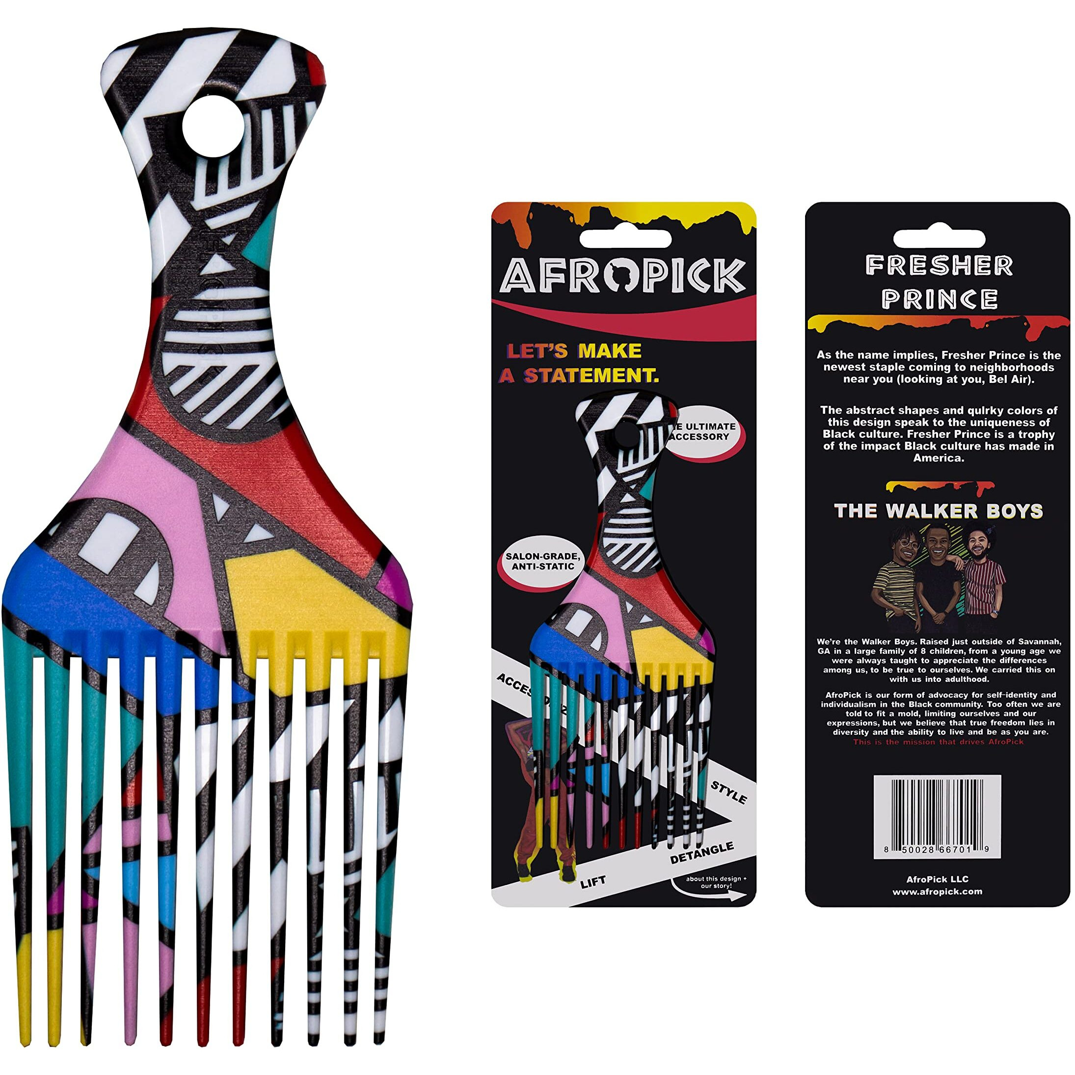 Afropick Anti-Static Plastic Black Hair Pick for Natural Curly Long Thick Hair- Afro Pick Comb for Men, Women- African Artist Designs (Fresher Prince)