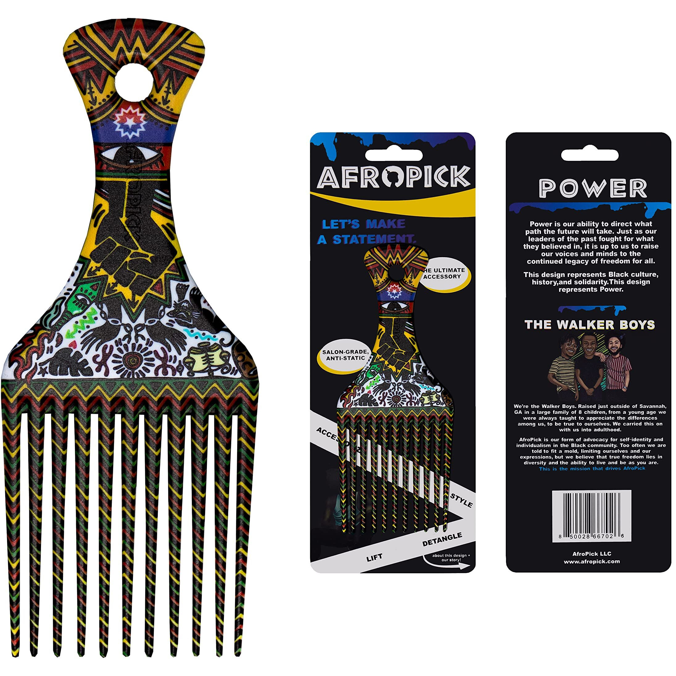 Afropick Anti-Static Plastic Black Hair Pick for Natural Curly Long Thick Hair- Afro Pick Comb for Men, Women- African Artist Designs (Power)
