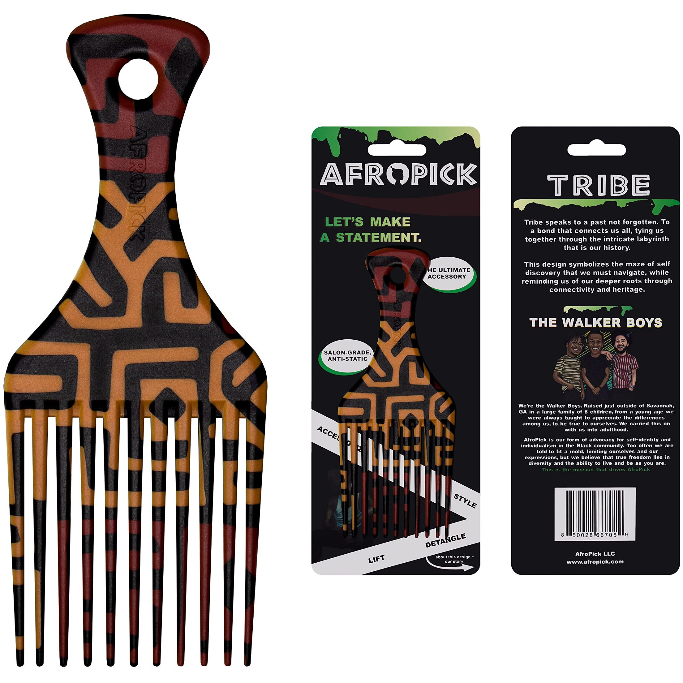 Afropick Anti-Static Plastic Black Hair Pick for Natural Curly Long Thick Hair- Afro Pick Comb for Men, Women- African Artist Designs (Tribe)