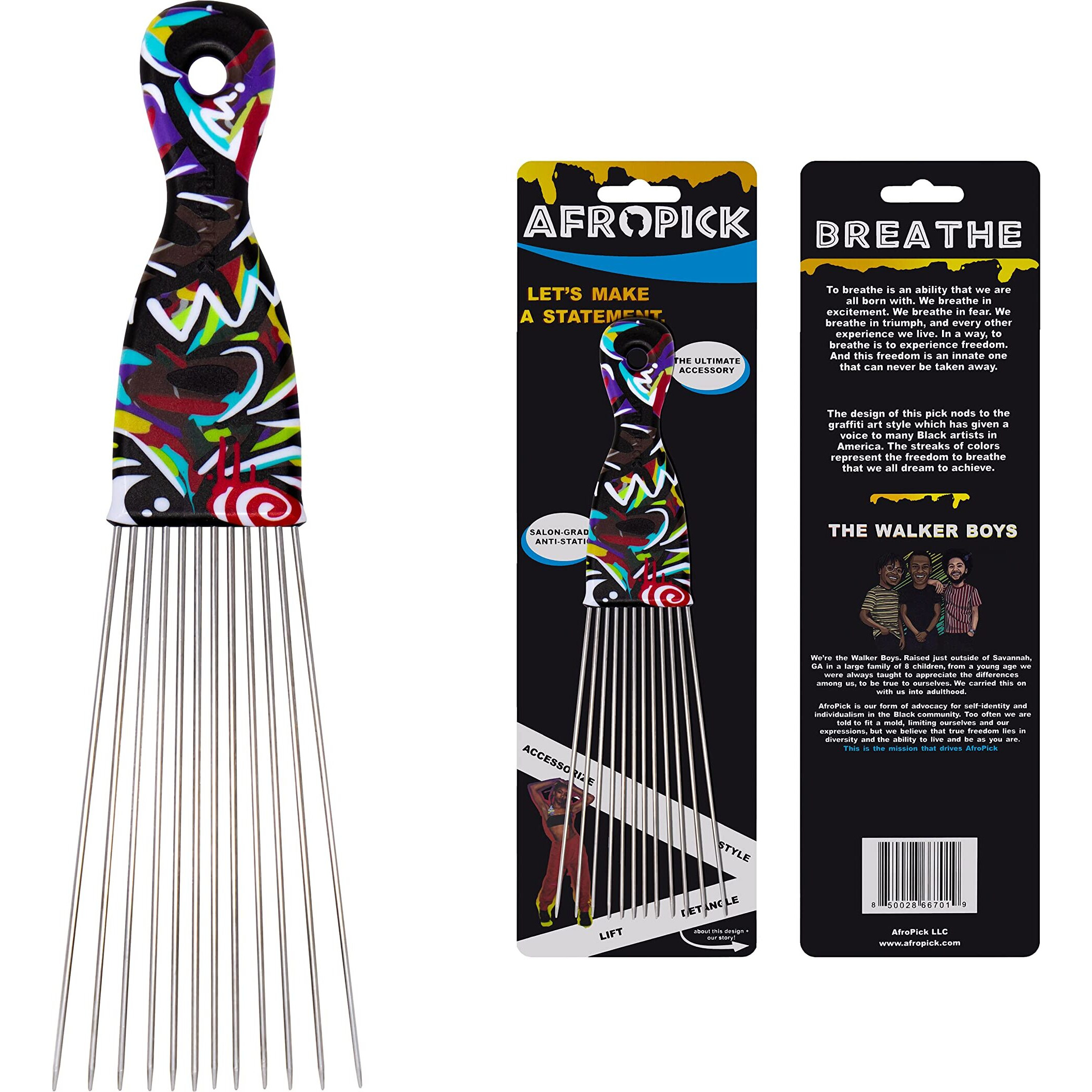 Afropick Metal Black Hair Pick for Natural Curly Long Thick Hair- Afro Pick Comb for Men, Women- African Artist Designs IMPROVED 2.0 (Breathe)