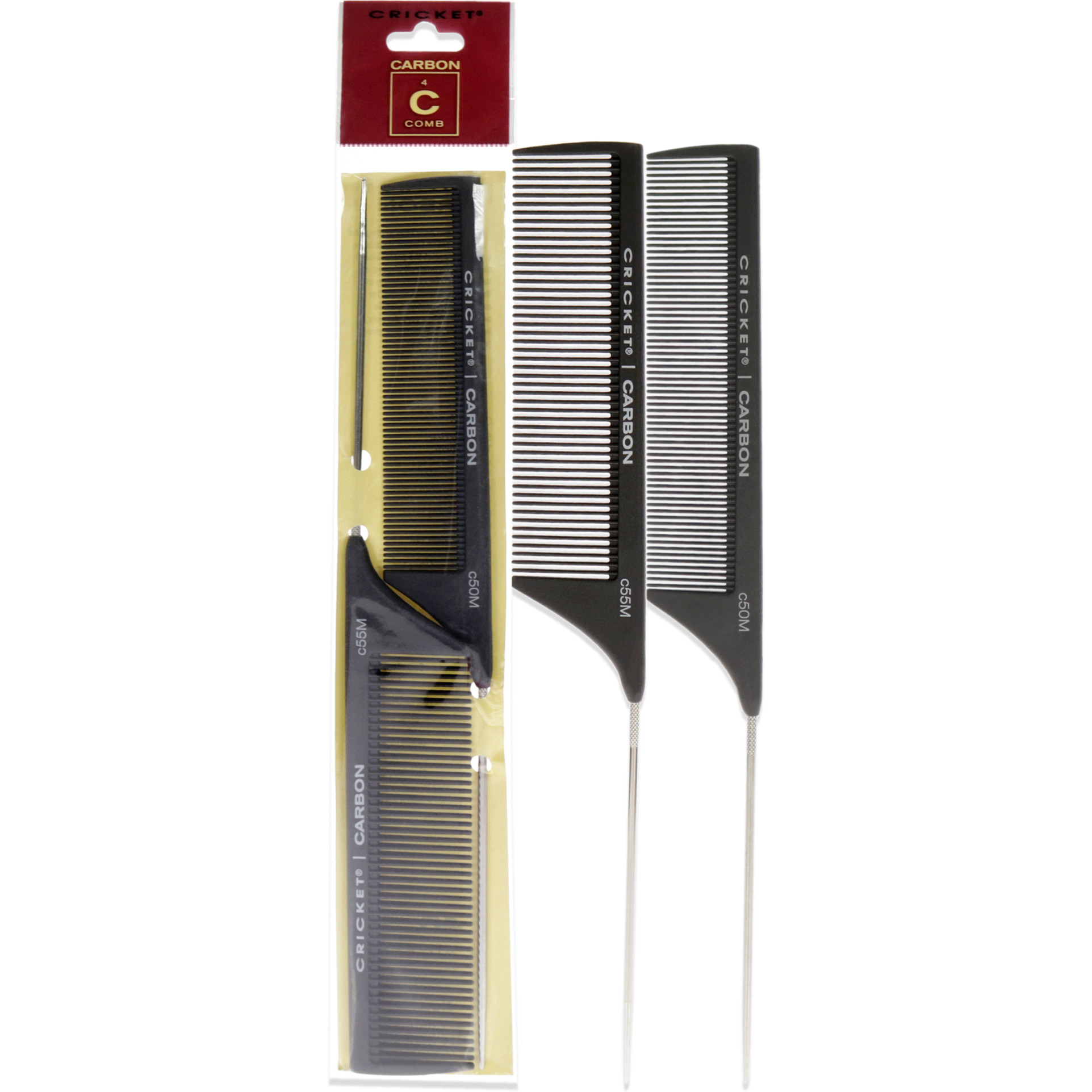 Carbon Comb Duo Set by Cricket for Unisex - 2 Pc Set 1pc Seamless Fine Tooth Pattern Metal Rattail Comb -  C50M , 1pc Seamless Medium Tooth Pattern Metal Rattail Comb - C55M
