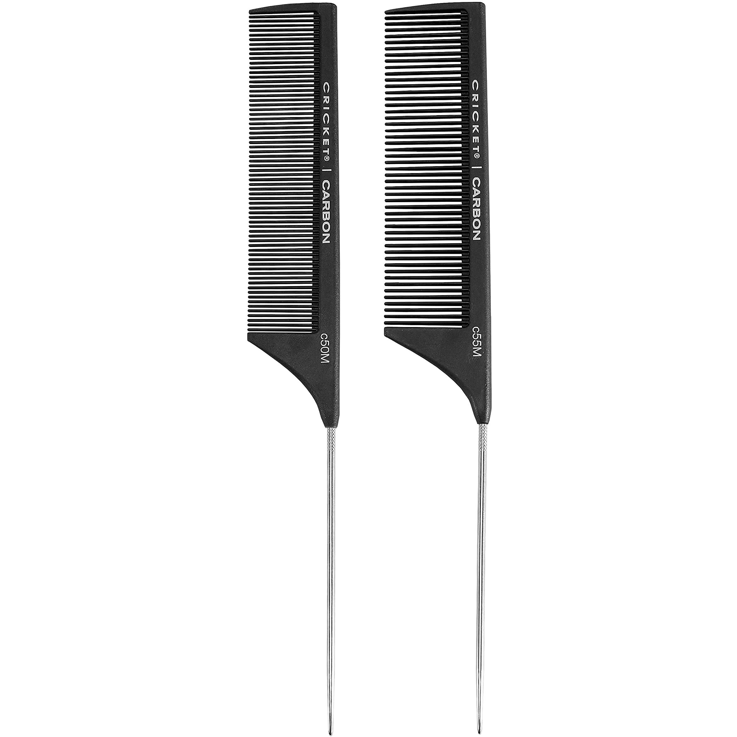 Carbon Comb Duo Set by Cricket for Unisex - 2 Pc Set 1pc Seamless Fine Tooth Pattern Metal Rattail Comb -  C50M , 1pc Seamless Medium Tooth Pattern Metal Rattail Comb - C55M