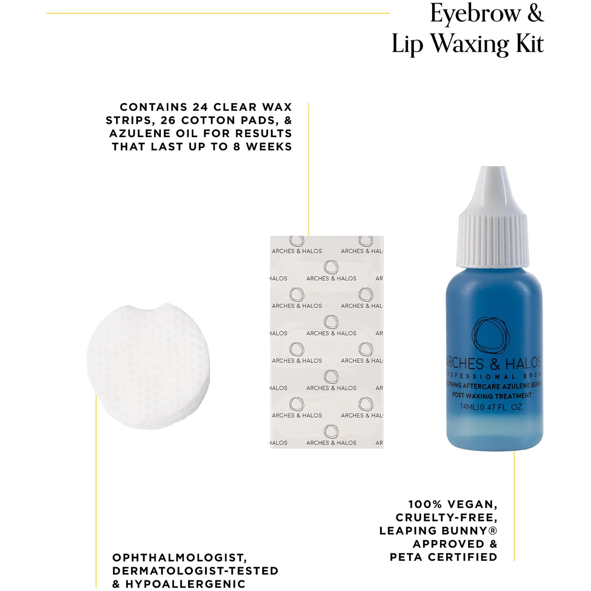 Eyebrow and Lip Waxing Kit by Arches and Halos for Women - 50 Pc 24 Wax Strips, 25 Cotton Pads, 0.47oz Azulene Oil