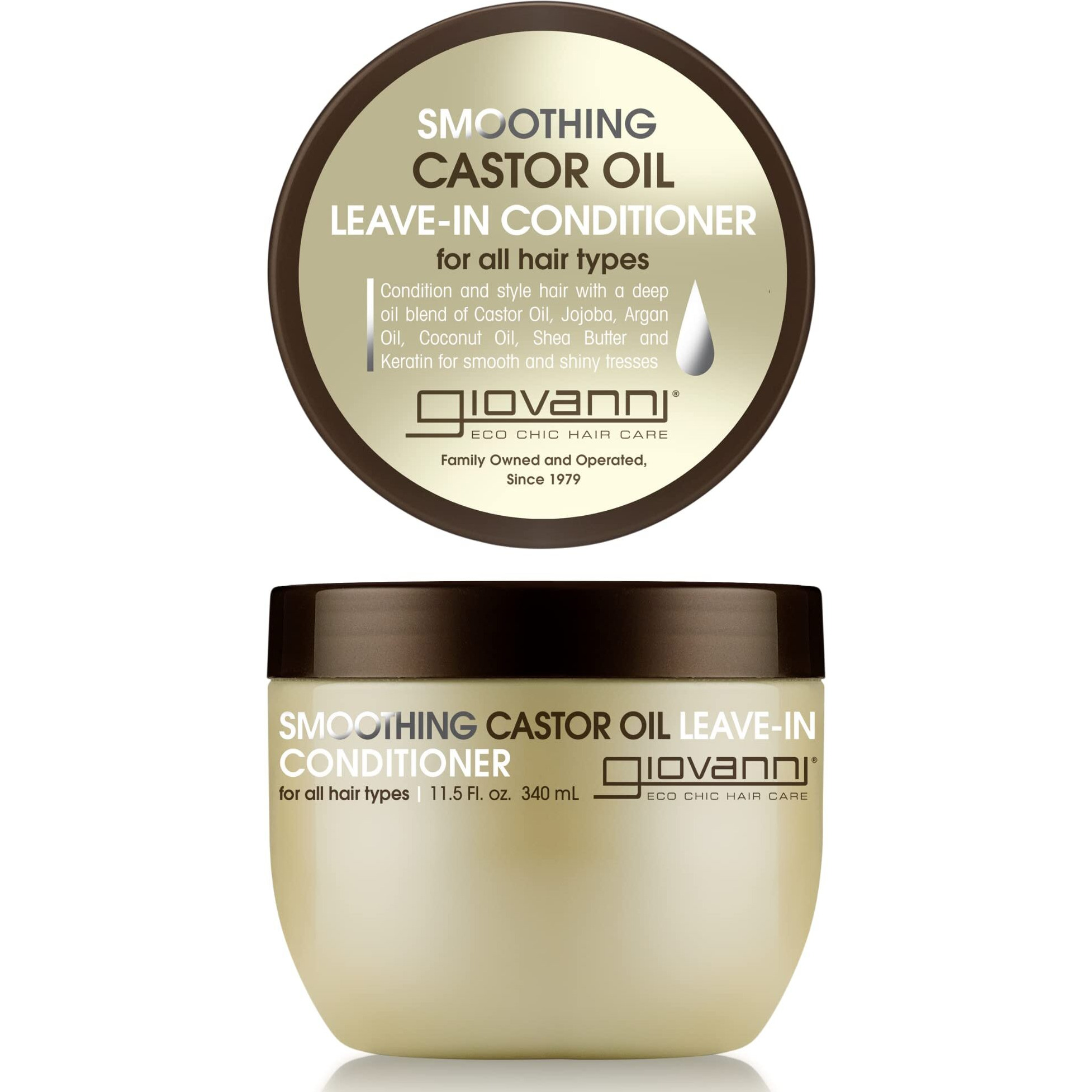 Giovanni Smoothing Castor Oil Leave-In Conditioner, 11.5 oz. - All Hair Types, Moisturize Hair & Scalp, Hydrate & Tame Frizz, Jojoba, Argan Oil, Coconut Oil, Shea Butter, Keratin