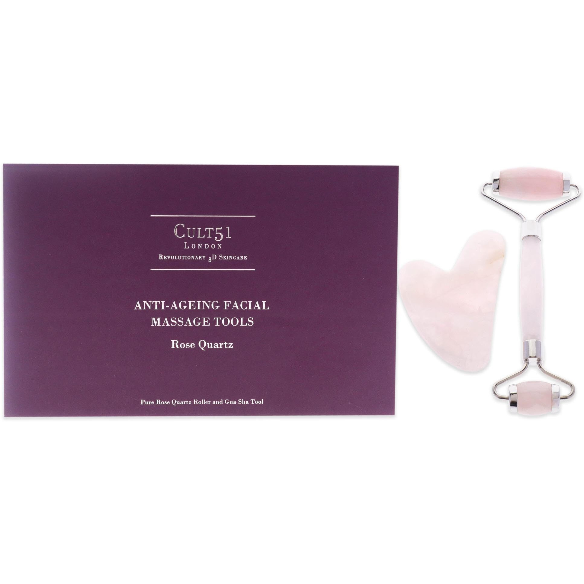 Anti-Ageing Facial Massage Tools by Cult51 for Unisex - 2 Pc Pure Rose Quartz Roller, Gua Sha Tool
