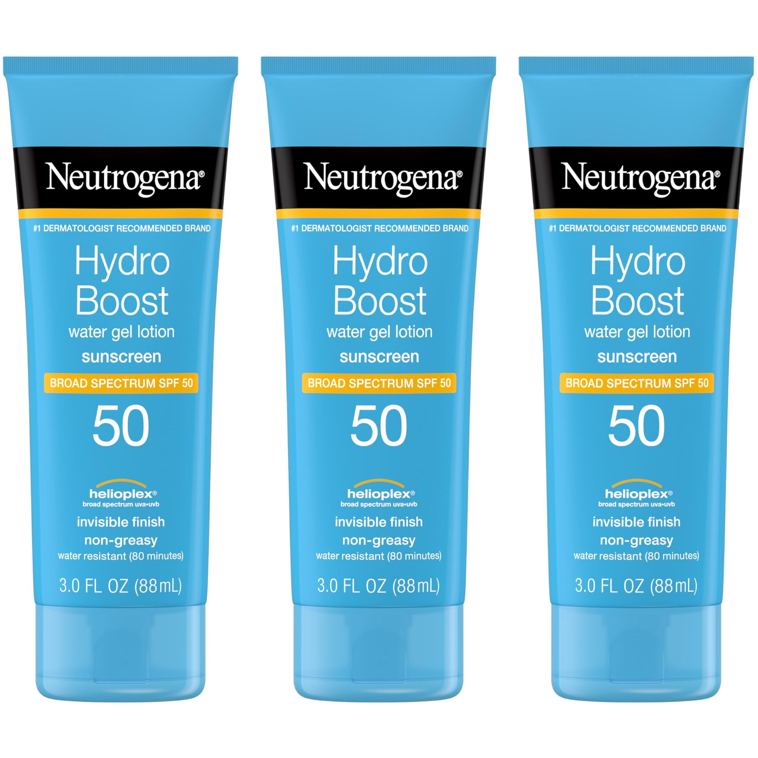 Neutrogena Hydro Boost Water Gel Sunscreen Lotion with Broad Spectrum SPF 50, Water-Resistant Hydrating Body Sunscreen, Non-Greasy, Hyaluronic Acid, Travel Size, 3 fl. Oz, Pack of 3