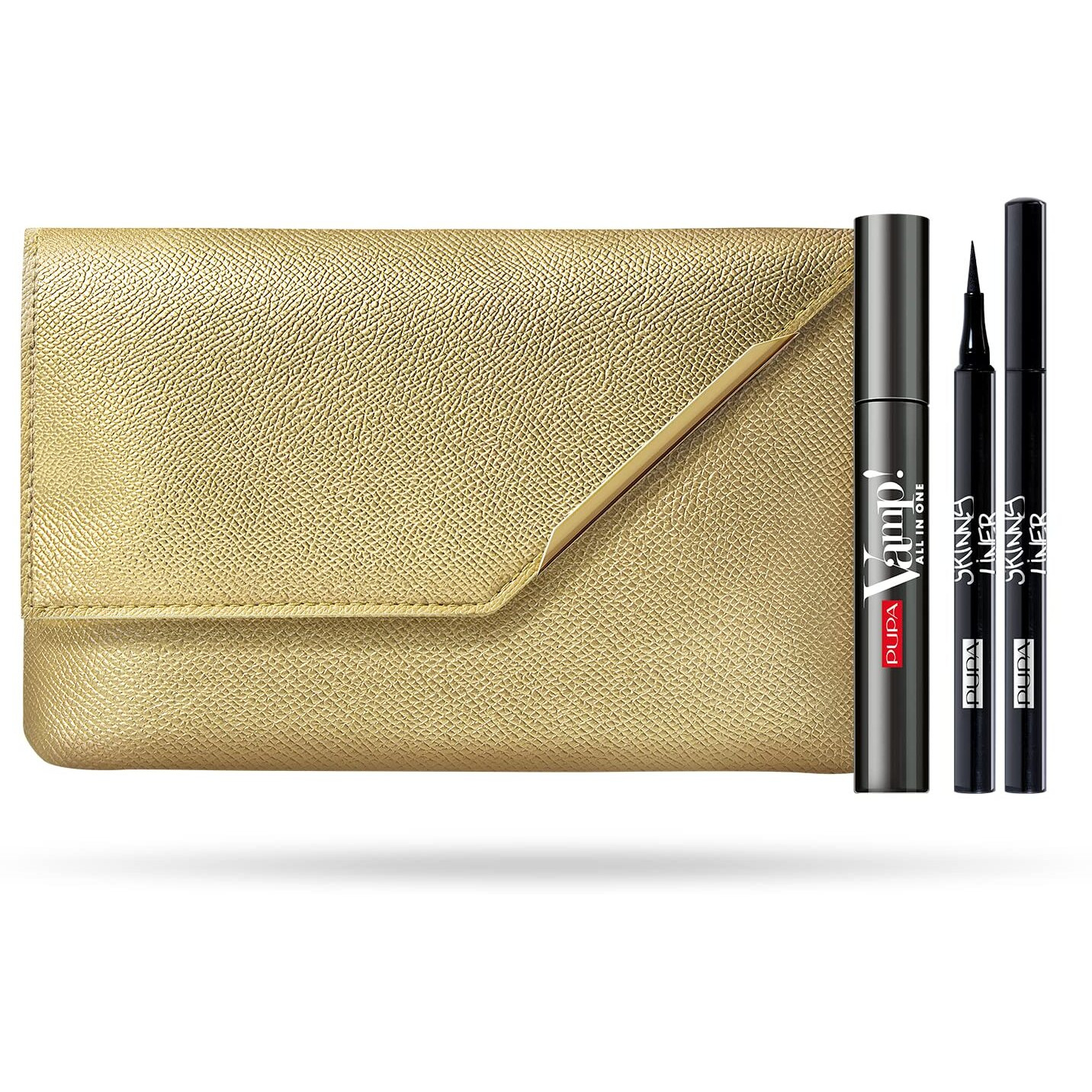 Vamp All in One and Skinny Liner Set by Pupa Milano for Women - 3 Pc 0.30oz Vamp All in One Mascara - 101 Black, 0.034oz Skinny Liner, Handy Bag