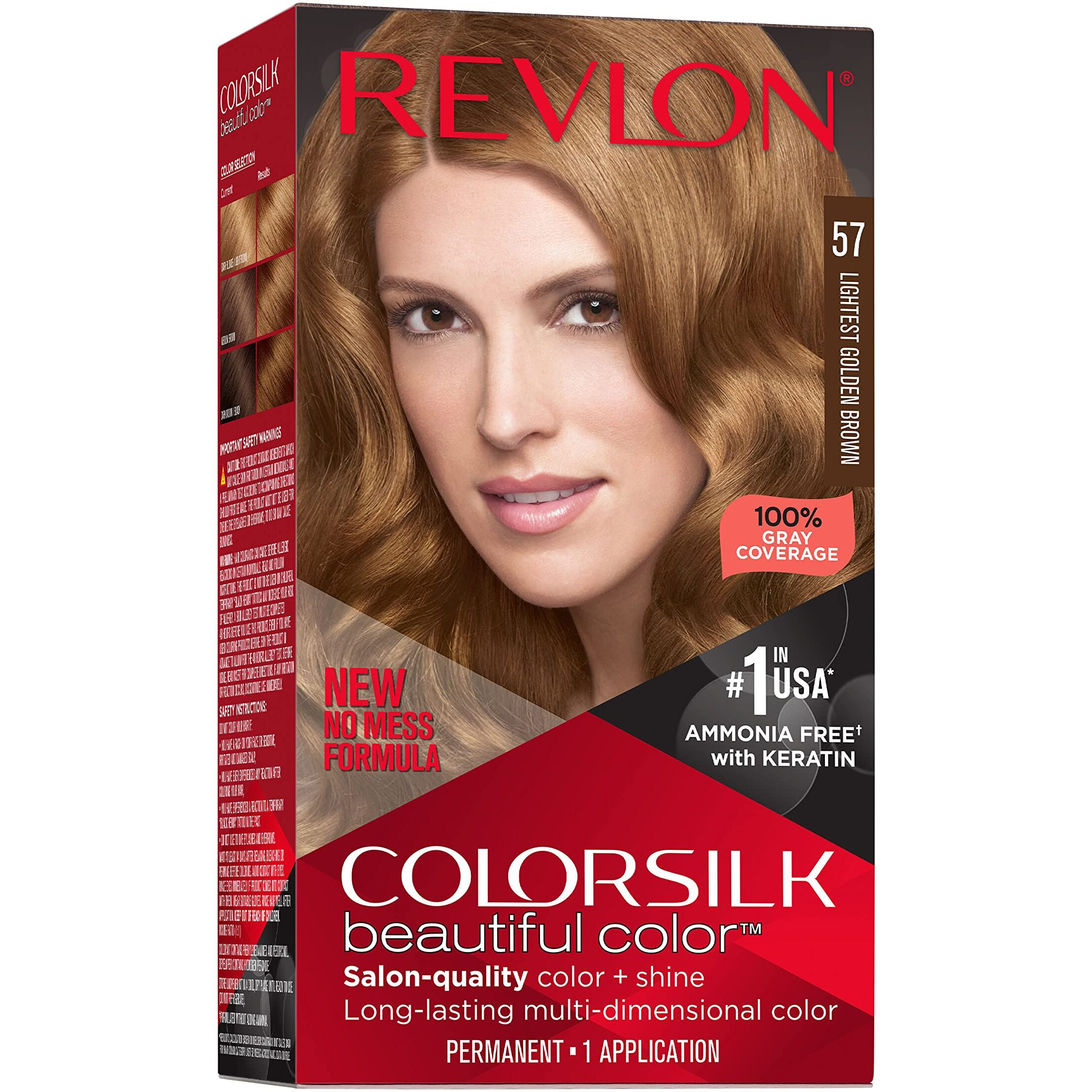 Revlon Colorsilk Beautiful Color Permanent Hair Color, Long-Lasting High-Definition Color, Shine & Silky Softness with 100% Gray Coverage, Ammonia Free, 057 Lightest Golden Brown, 1 Pack