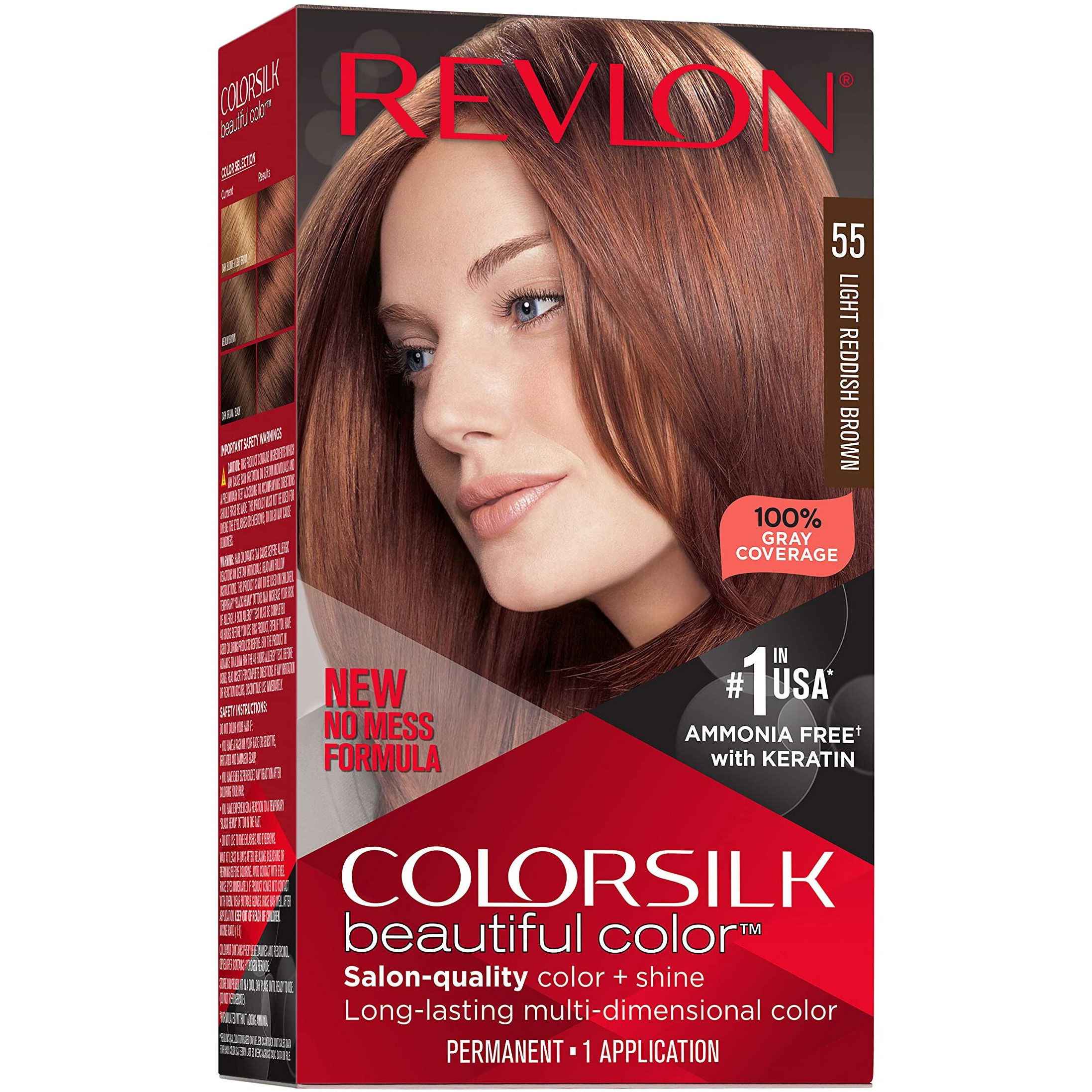 Revlon Colorsilk Beautiful Color Permanent Hair Color, Long-Lasting High-Definition Color, Shine & Silky Softness with 100% Gray Coverage, Ammonia Free, 055 Light Reddish Brown, 1 Pack