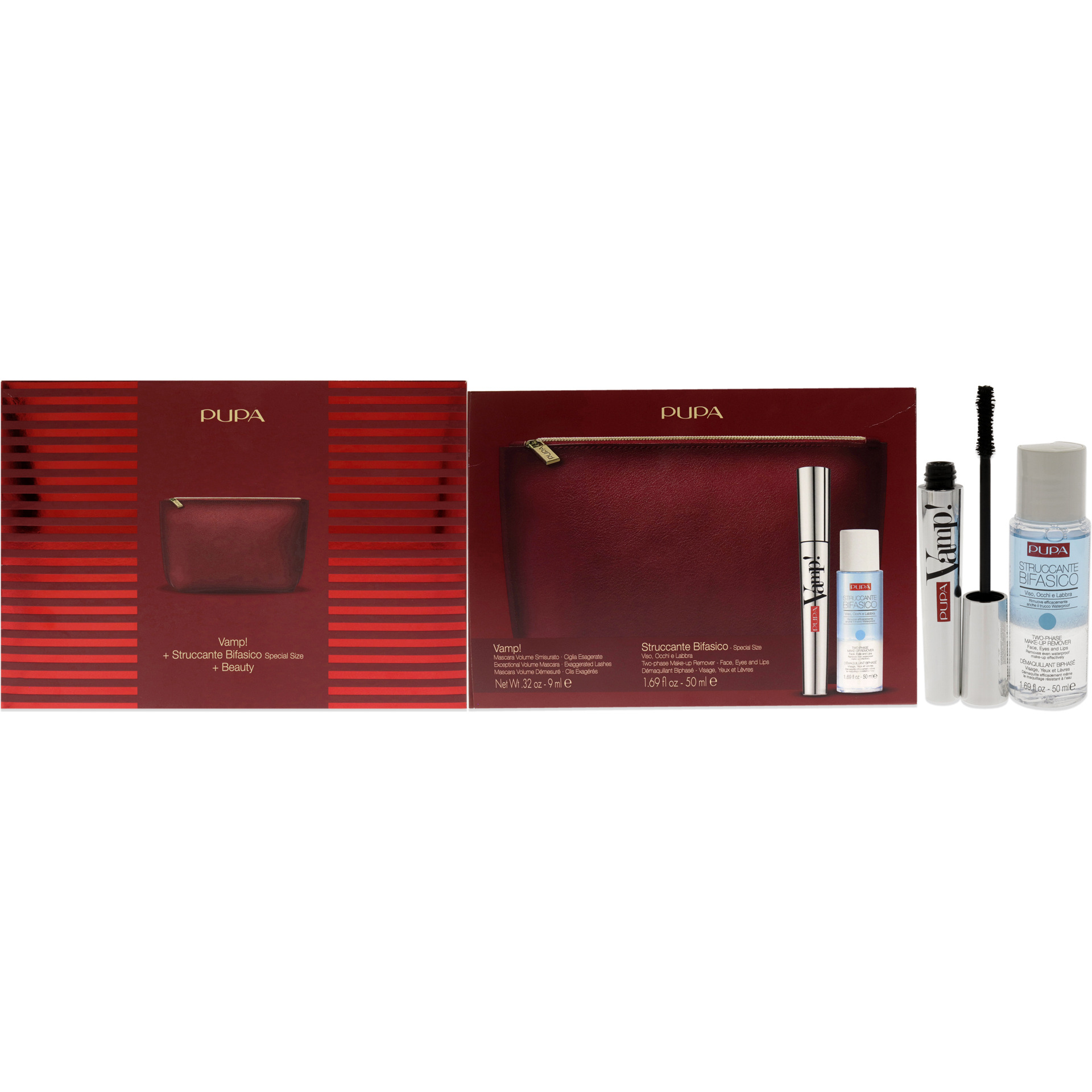 Vamp Mascara and Two-Phase Make-Up Remover Set by Pupa Milano for Women - 3 Pc 0.32oz Vamp Mascara - 100 Black, 1.69oz Two-Phase Make-Up Remover, Beauty Bag